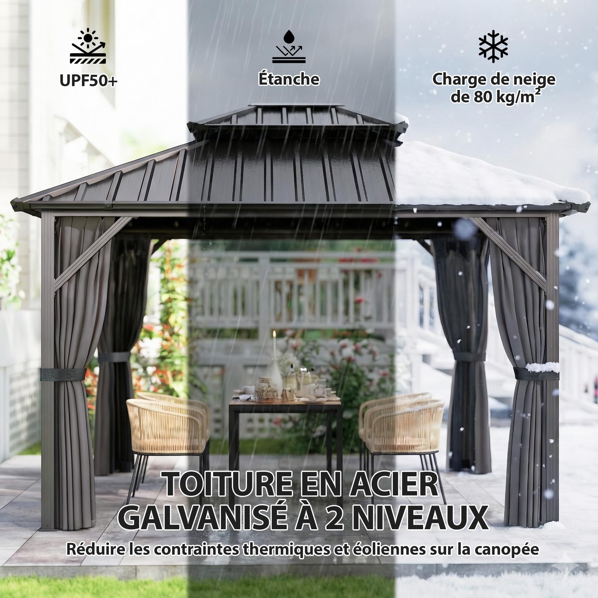 Outsunny Pavillon 3 x 3,6 m Toit Rigide Acier Galvanisé UPF50+ Gris Foncé