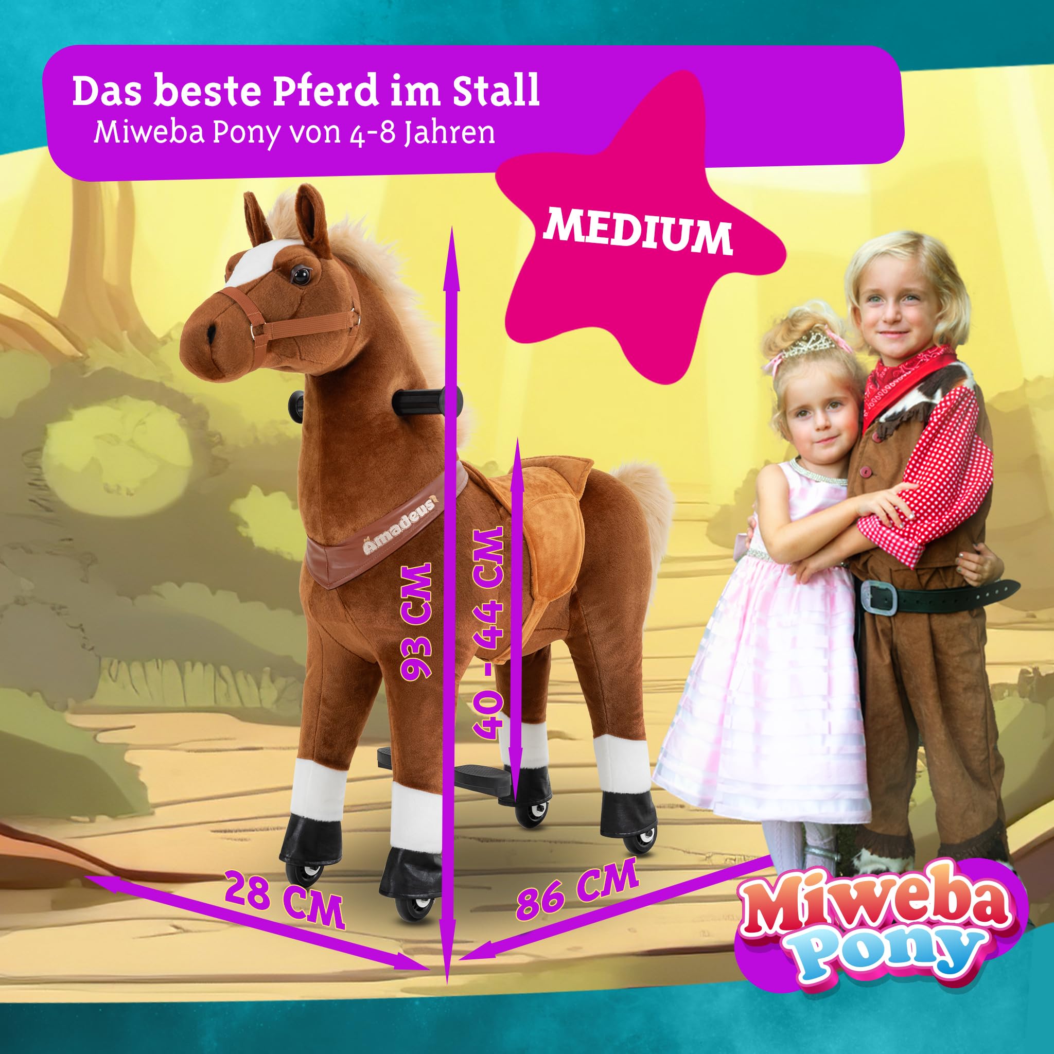 Miweba Pony Amadeus | Reitpferd auf Rollen - Pferd für Kinder - Schaukelpferd - Schaukeltier - Kuscheltier - Spielpferd zum Reiten - Plüschtier - Stofftier - Stehpferd - 4-8 Jahre (Medium)