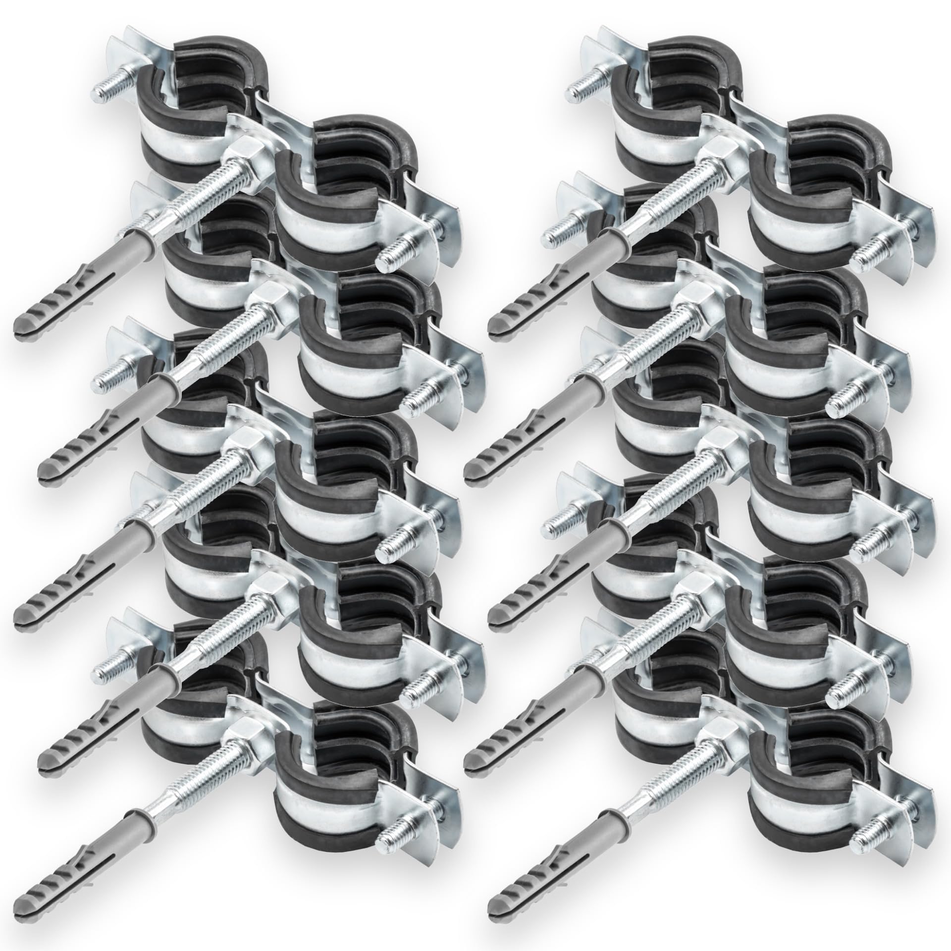 Set 10x Collari Doppi per Tubi + 10x Tasselli + 10x Viti a Legno – Kit di Fissaggio Tubo Facile | Per Installazioni Idrauliche e Riscaldamento – 3/4" 25-31mm