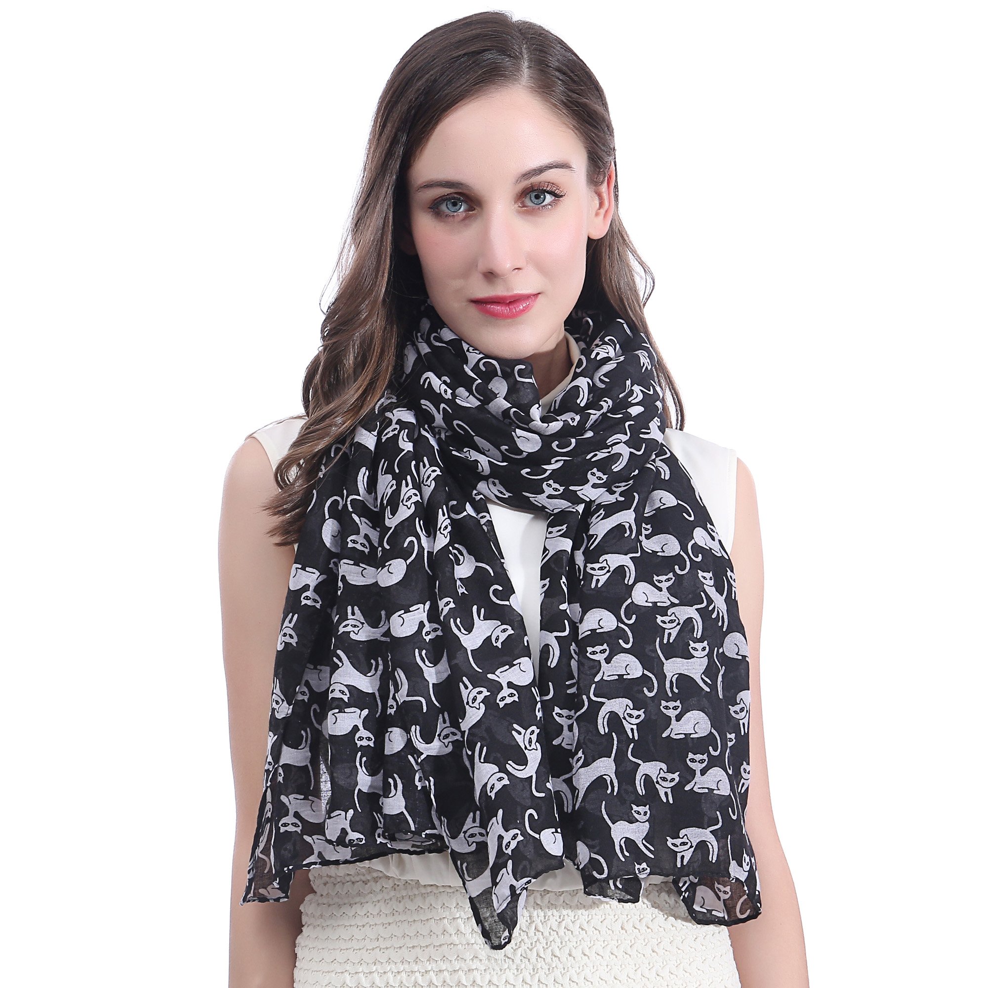 Lina & Lily Cat Print Women's Scarf Shawl Wrap Lightweight (Black)