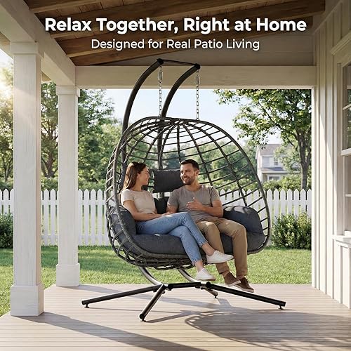 Miniatura 2 de SWITTE Silla doble de columpio en forma de huevo con soporte, hamacas de mimbre colgantes para patio al aire libre de 2 personas con cojín para Gris