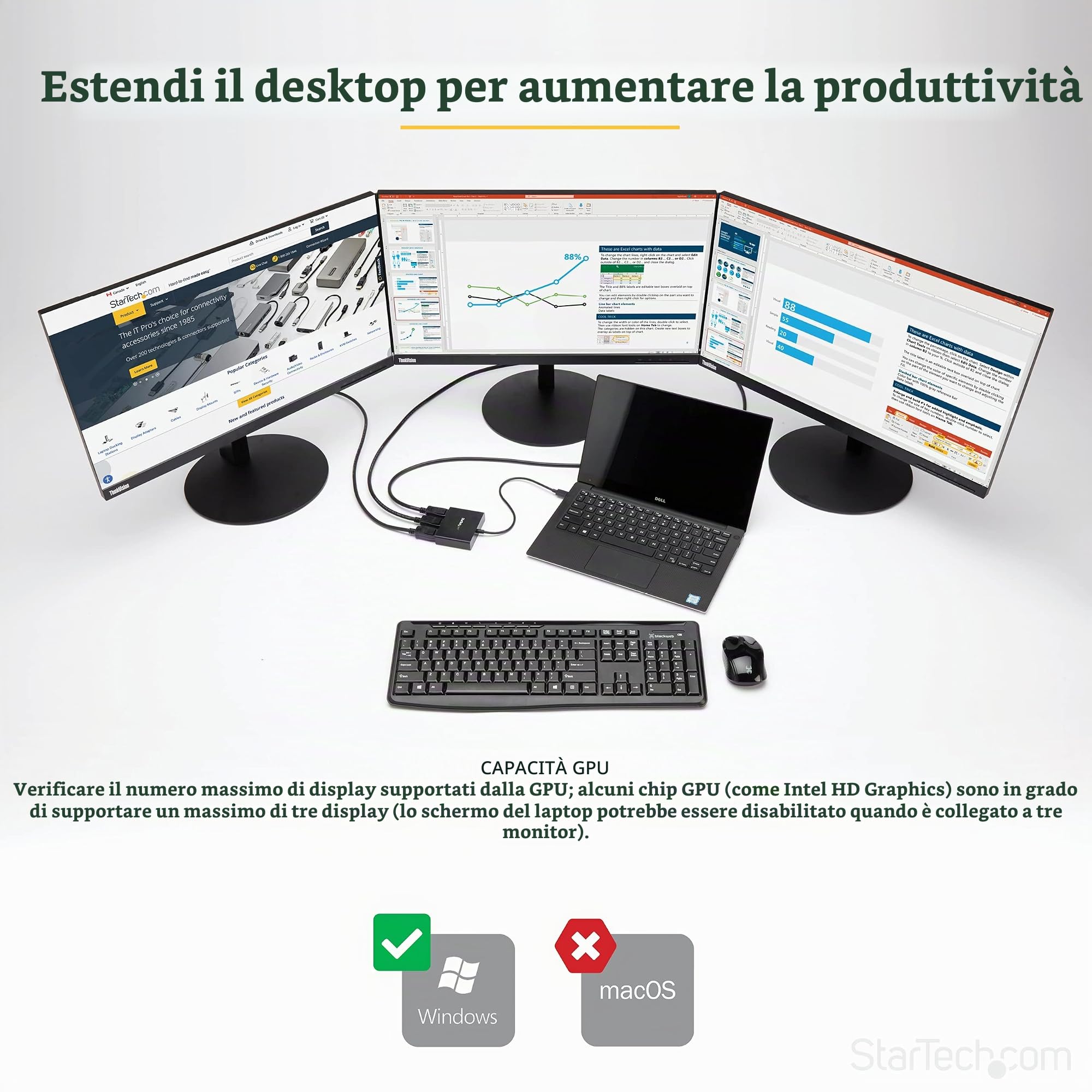 StarTech.com Adattatore multi monitor a 3 porte, Hub MST Mini DisplayPort a HDMI, Triplo 1080p o doppio 4K 30Hz, Video splitter in modalità desktop esteso solo su Windows, mDP 1.2 a 3x HDMI, MSTMDP123HD | Splitter Video, Doppio 4K 30Hz, mDP 1.2