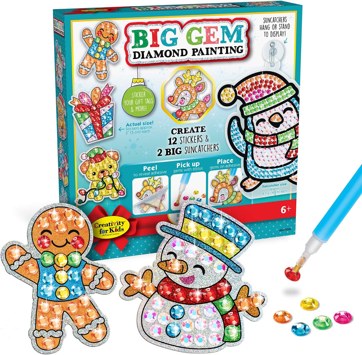 Holiday Big Gem Diamond Painting Kit | Create 12 Festive Stickers & 2 Suncatchers with 1000+ Colorful Gems | Fun for Parties, Gifts, Ornaments & Seasonal Décor (Ages 6+)