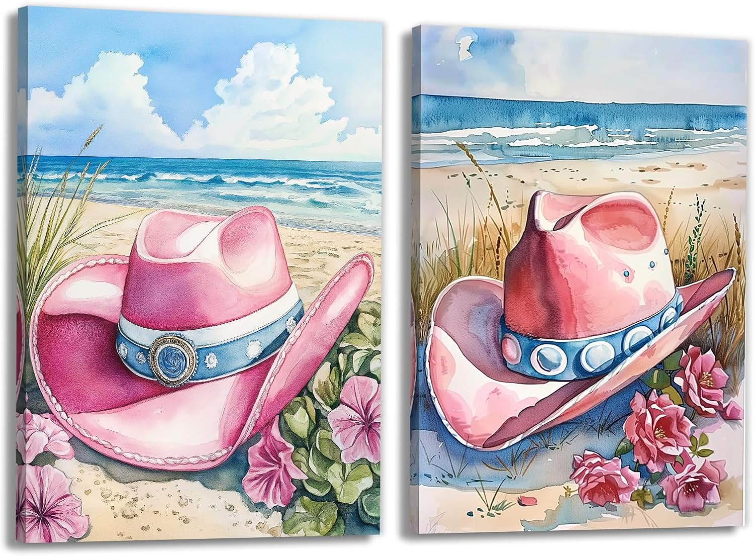 GLOKAKA Pink Cowboy Hat Boots Canvas Wall Art Funky Colorful Decor For Living Room Bedroom Coastal Homes Watercolor Beach Scene Art for Tropical Aesthetic Lovers(Artwork-1,12"x16"x2pcs)
