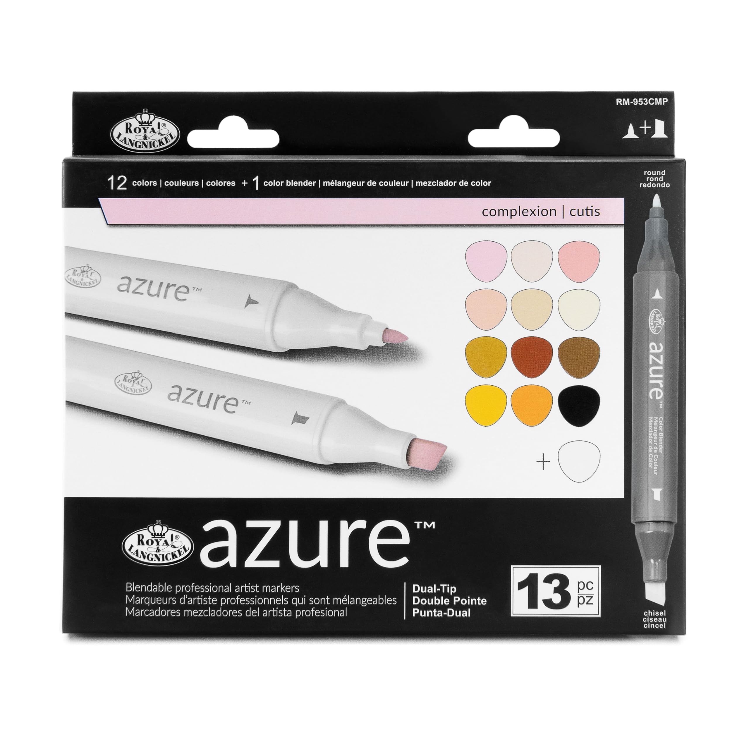 Royal & Langnickel Azure, 13pc Dual-Tip, Alcohol Based Marker Set, Includes - 12 Markers & 1 Blender, Complexion Colors