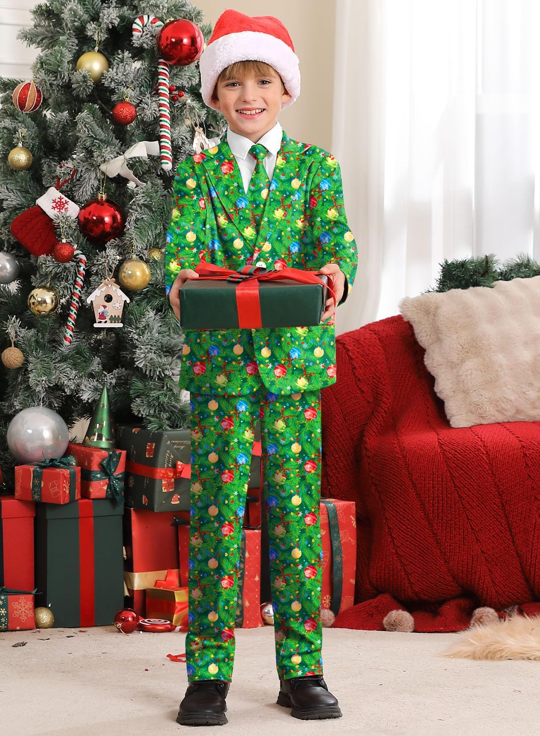Big Boys Christmas with Jacket, Pants & Tie Funny Printed 3 Piece Warm Comfy Xmas Suit Green Christmas Trees Light Up 14 Years