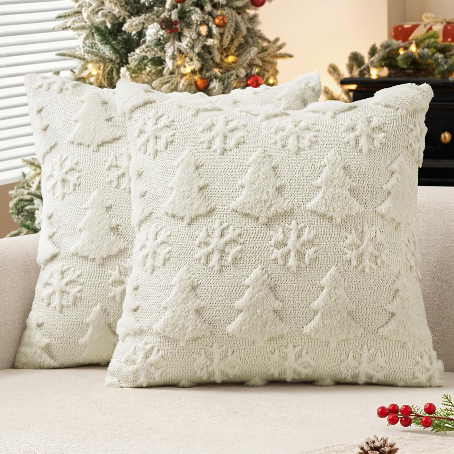 MIULEE Christmas Throw Pillow Covers 20x20 Set of 2 Christmas Decorations Pure White Soft Plush Faux Fur Wool Xmas Tree Snowflakes Pillowcases Holiday Festivals Winter Home Decor Sofa Couch Bed Porch