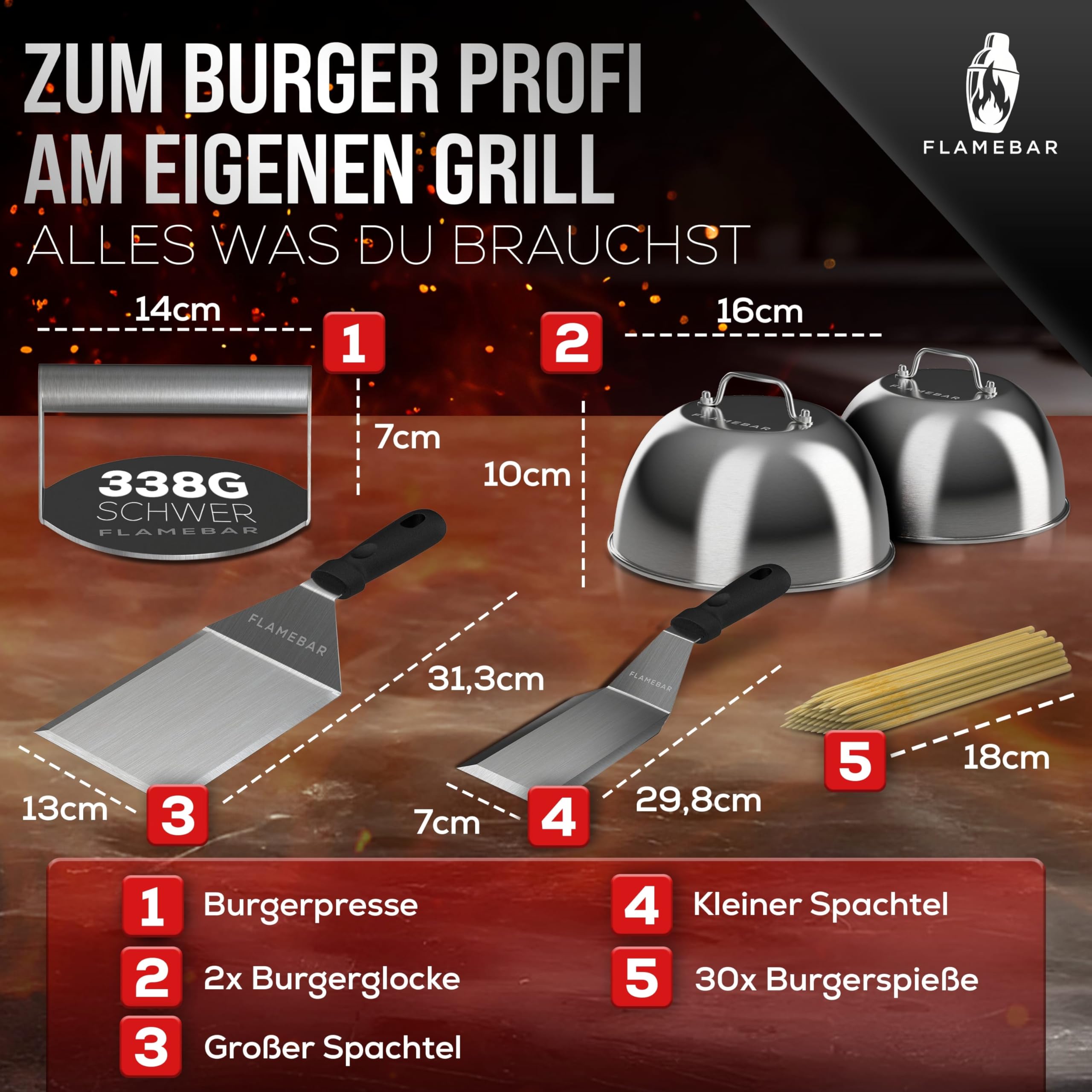 XXL Burgerpresse Set Edelstahl - 5-teilig I Smash Burger Set für 100% Burgergenuss I Burger Presse inkl. Burgerglocke, Burgerspieße & Grillspachtel I Grillzubehör Set