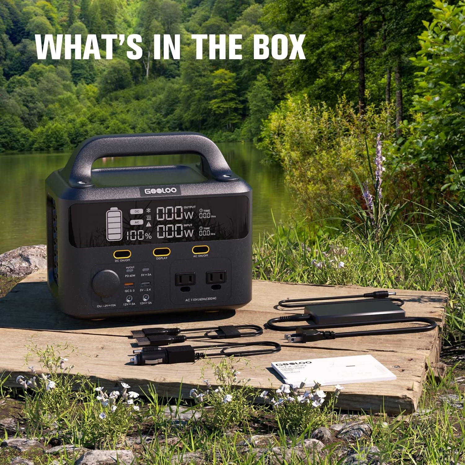 Contents of the GOOLOO Portable Power Station box, including the power station, charging cables, and user manual.