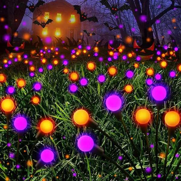 Albelt Halloween Decorations Outdoor, 6 Pack Solar Firefly Lights Outdoor, 48 LED Solar Halloween Lights, Waterproof Swaying Garden Light (Sway by Wind) for Outside Pathway Decor (Orange and Purple)