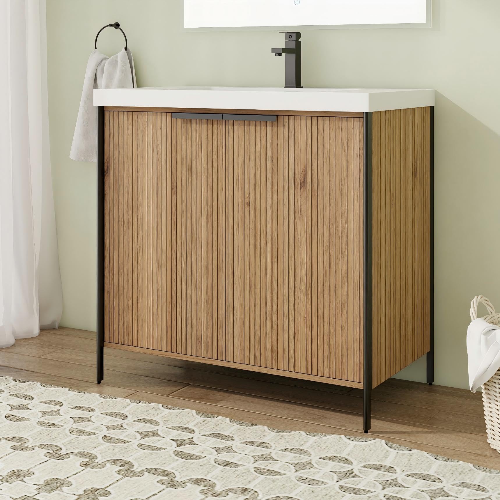 Calieton 36 Inch Freestanding Vanity, 36" Bathroom Vanity with Sink, Single Sink Floor Stand Vanity Combo, Modern Brown Bathroom Vanity Set with 2