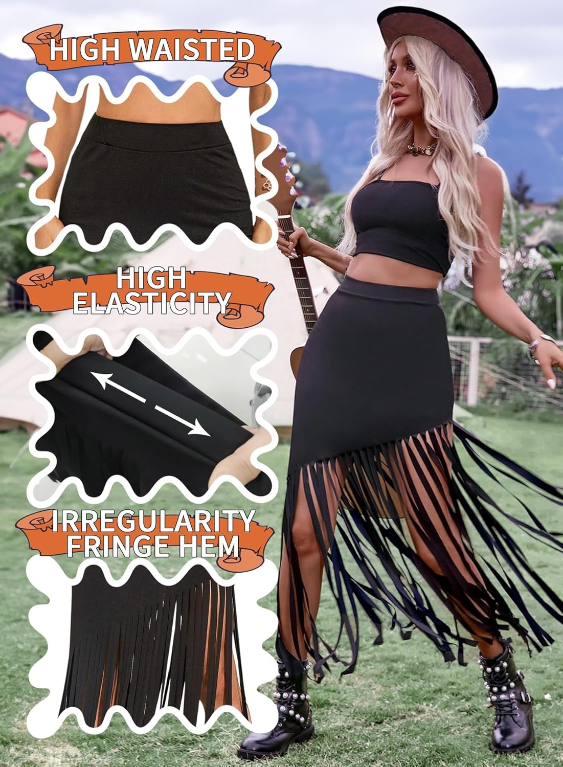 Ella Lust Womens Cowgirl Fringe Maxi Skirts - Western Country Concert Outfits Bodycon Hem Tassel High Waist Long Pencil Skirt - Image 3