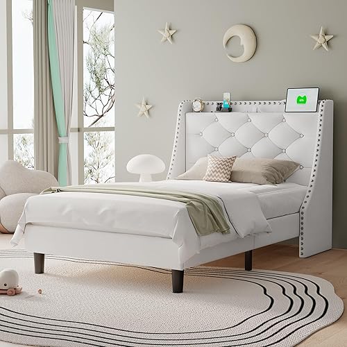 Miniatura 57 de Base de cama tamaño Queen con cabecero de almacenamiento capitoné con botones en la parte trasera y puertos tipo CA, plataforma tapizada, soporte de