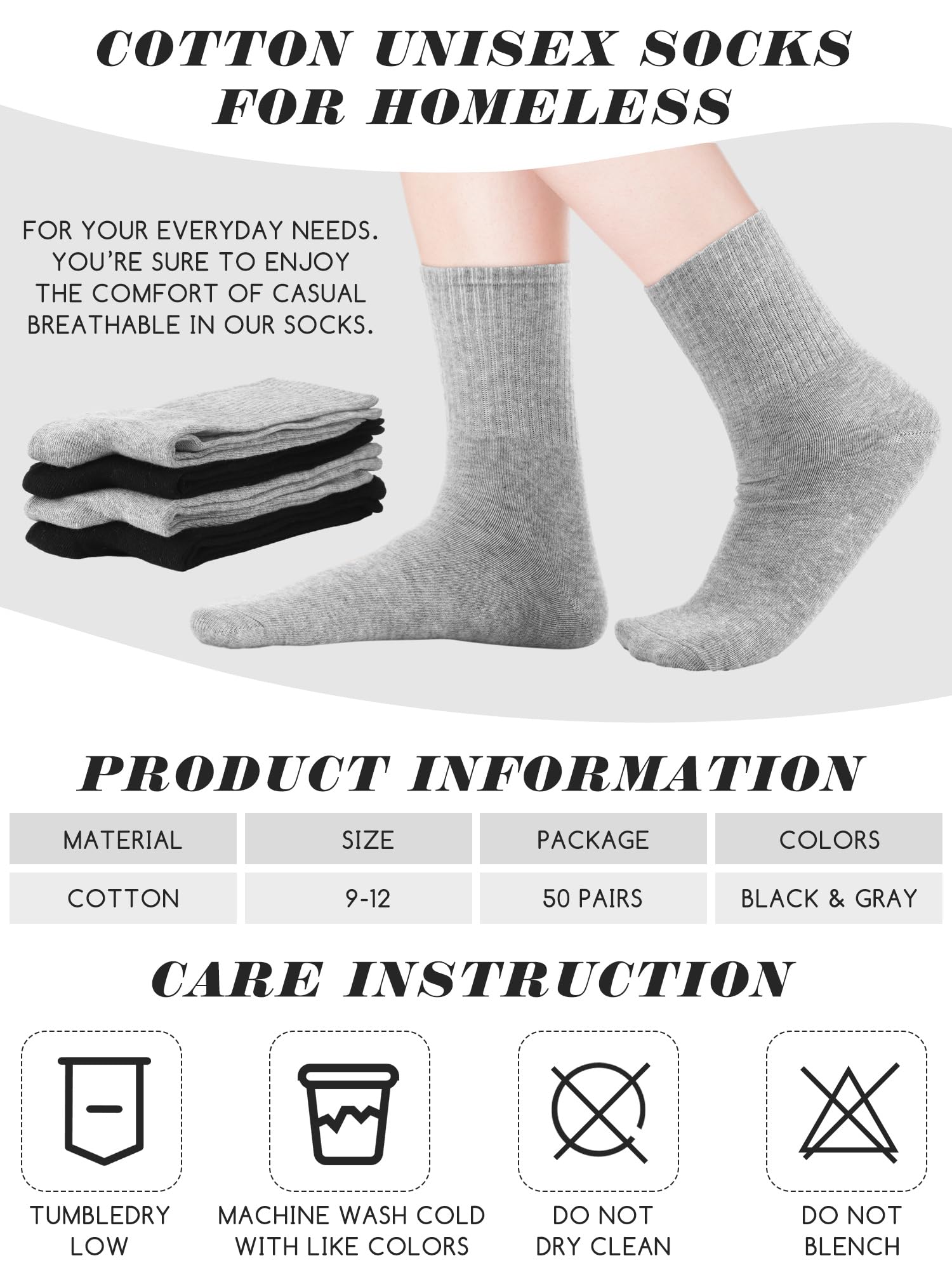 Suhine 50 Paar Homeless Crew Socken Weiche Baumwolle Feuchtigkeitstransport Socken Bulk Sport Baumwolle Unisex Dicke Tube Socken für Thanksgiving Obdachlose Männer Frau Kinder, Schwarz, Grau,