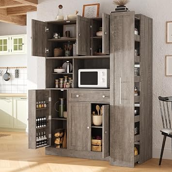 Traditional Freestanding Pantry Buffet with Hutch, Large Kitchen Storage Cabinet Cupboard with Pull-Out Side Cabinet, Door Shelves and Drawer Brown#T
