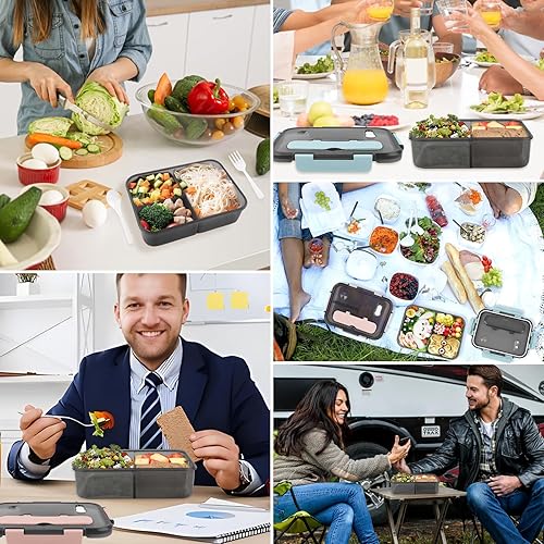 Miniatura 6 de CORESLUX Lonchera Bento para adultos, recipientes de comida de 3 compartimentos con tarro de salsa, juego de utensilios incluidos, tamaño perfecto