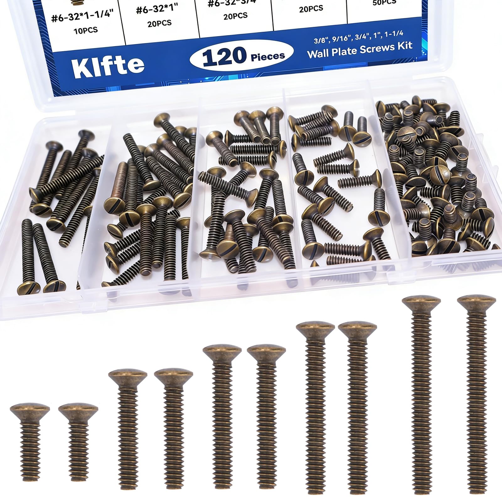 Photo 1 of 120 pcs Wall Plate Screws, Bronze Outlet Screws 6-32 Thread Light Electrical Cover Panel Switch Plate Screws 5 Length Sizes (3/8", 9/16", 3/4", 1", 1.2")