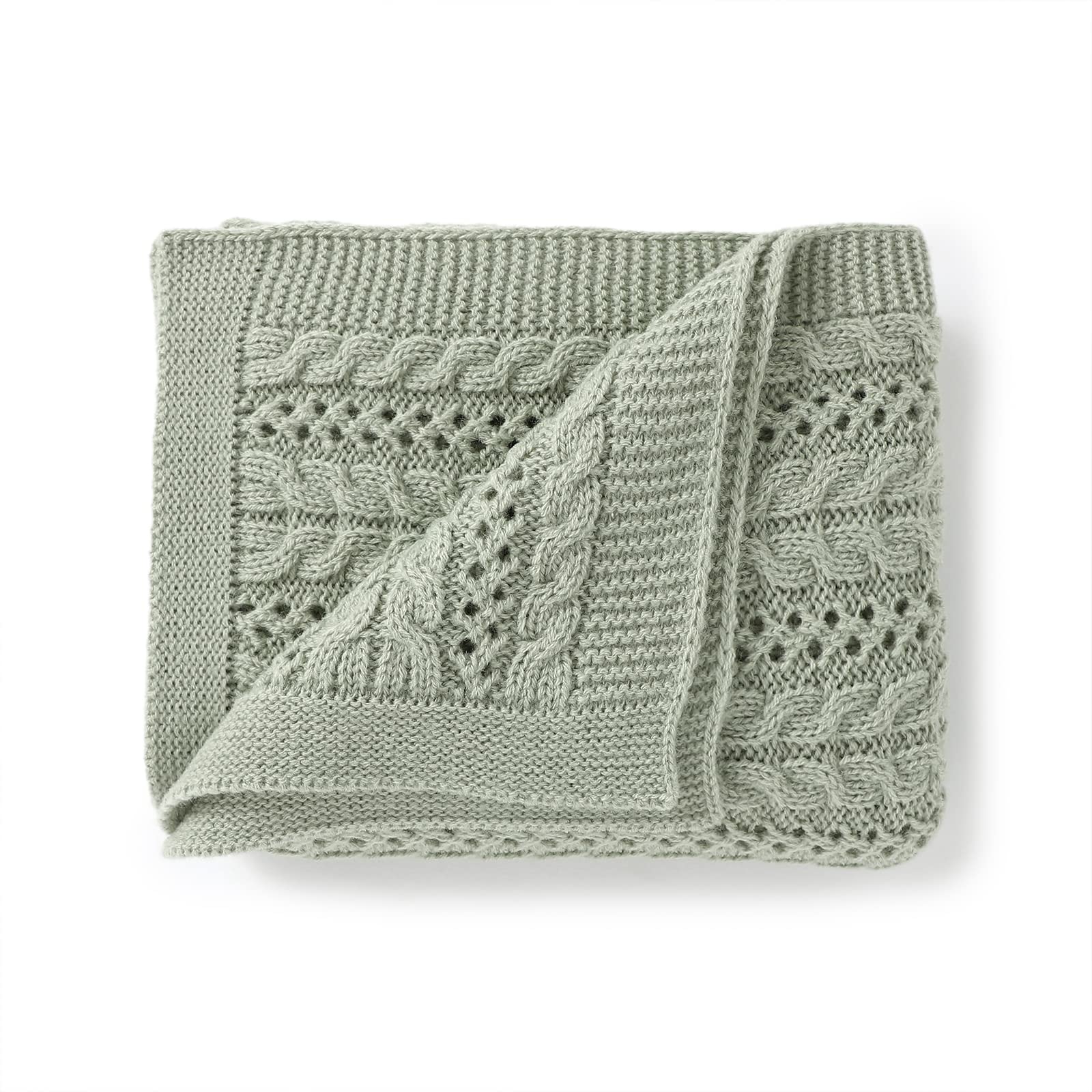 DovFanny Cellular Baby Blanket Cable Knitted Soft Cozy Newbron Baby Blanket for Boy and Girls Nursery 100 x 80cm Sage Green
