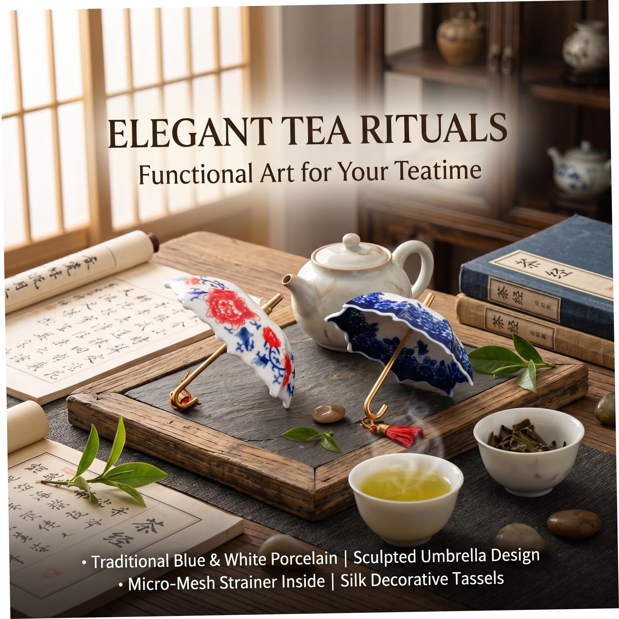 Difusores de té para té suelto, 2 coladores de paraguas, infusor giratorio de hojas sueltas con porcelana azul y blanca, filtro de cerámica (azul + rojo)