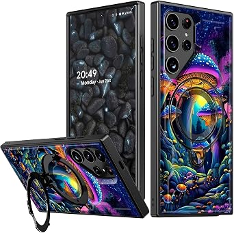 for Samsung Galaxy S22 Ultra/S23 Ultra Case with Rotating Ring Stand, Compatible with MagSafe, Military-Grade Heavy Duty Shockproof Protective Cover for S23 Ultra, Colorful Mushroom
