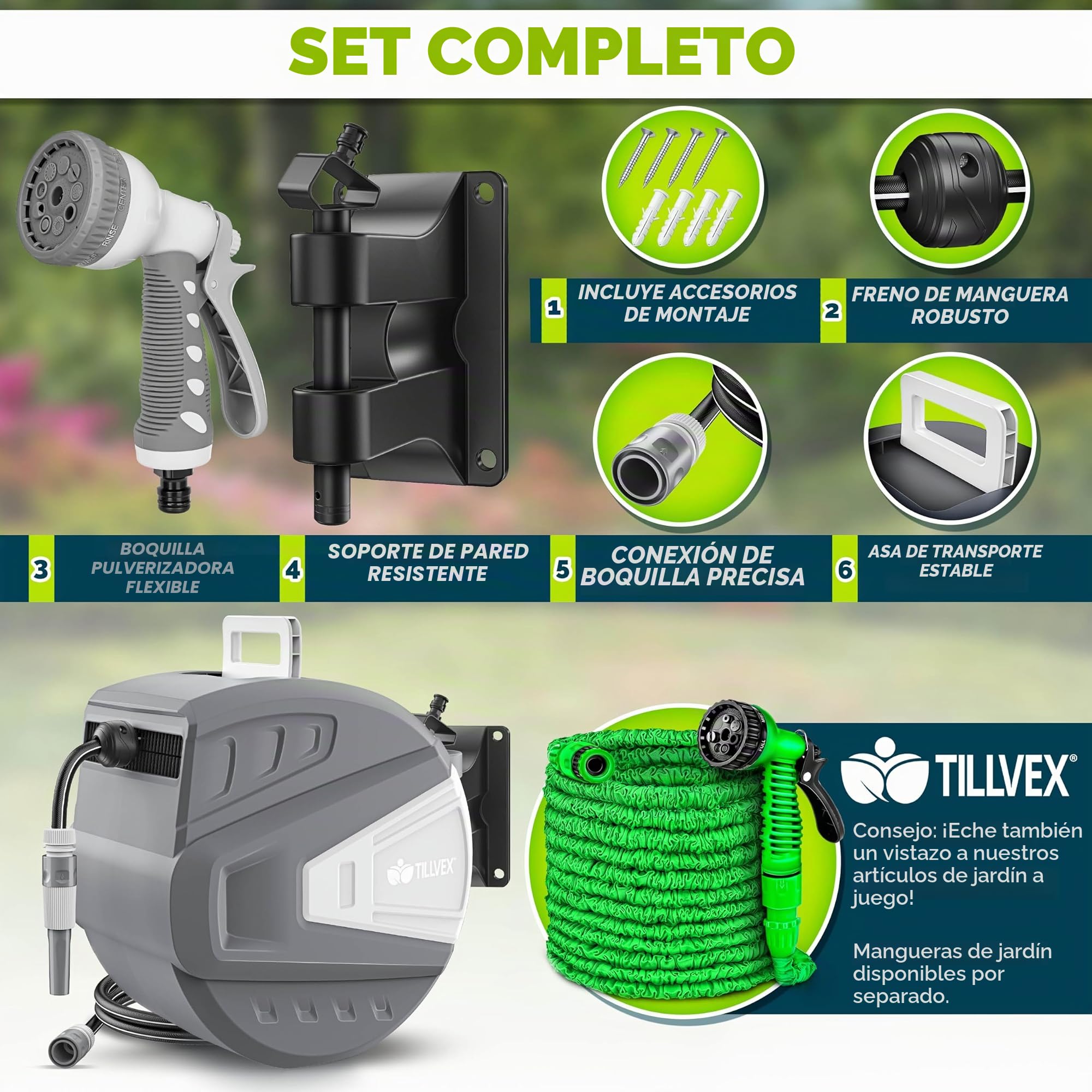 tillvex Carrete para Manguera de agua 20+2m con soporte de pared | Enrollador de manguera con pistola manual y manguera de jardín | Caja de manguera para pared con enrollado automático