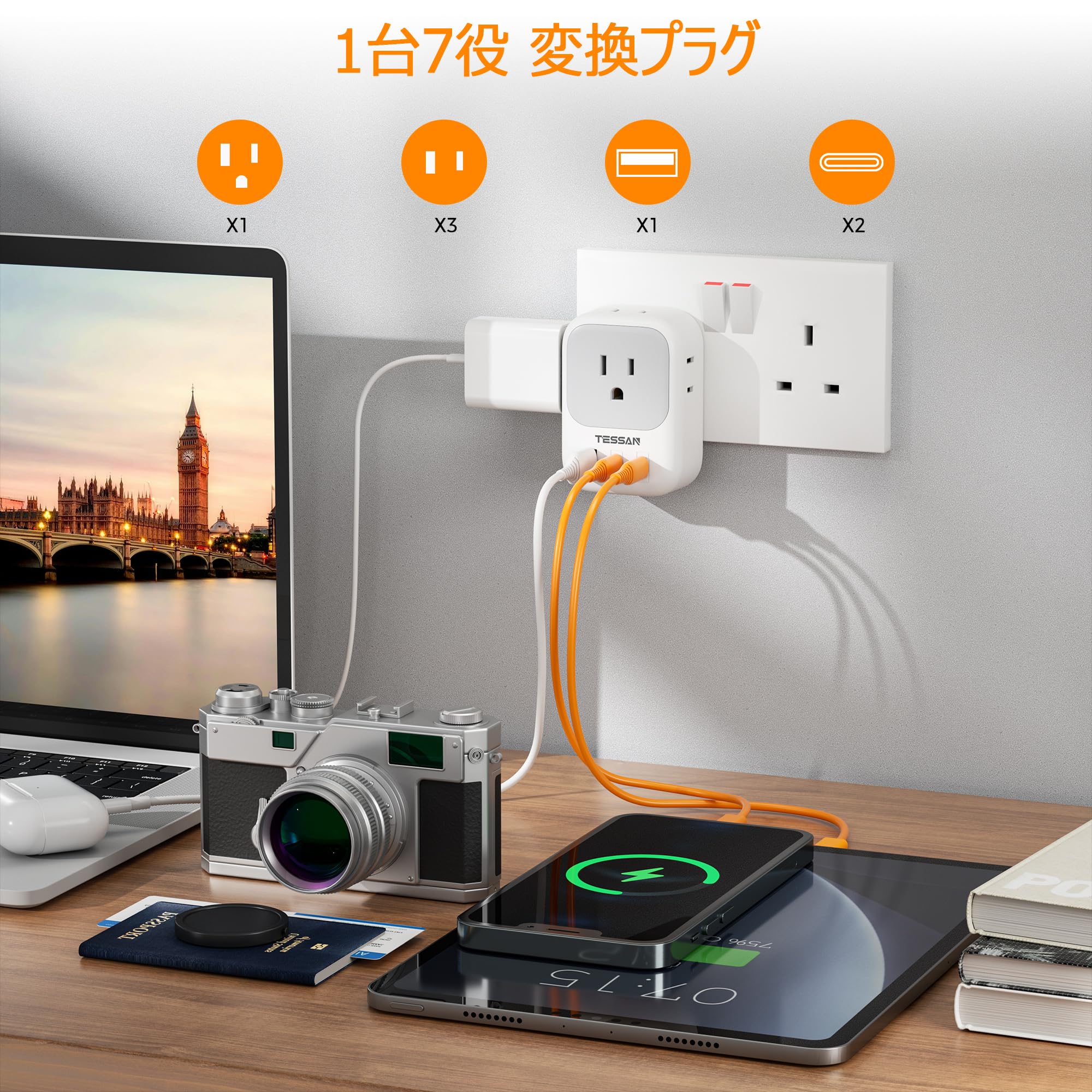 海外 bfタイプ 変換プラグ USB-C付き TESSAN 2個type-c 2個USB-A 4個AC差込口 変換器 電源変換アダプター イギリス シンガポール 香港 マレーシア マカオなどコンセント変換対応 出張 旅行 便利グッズ