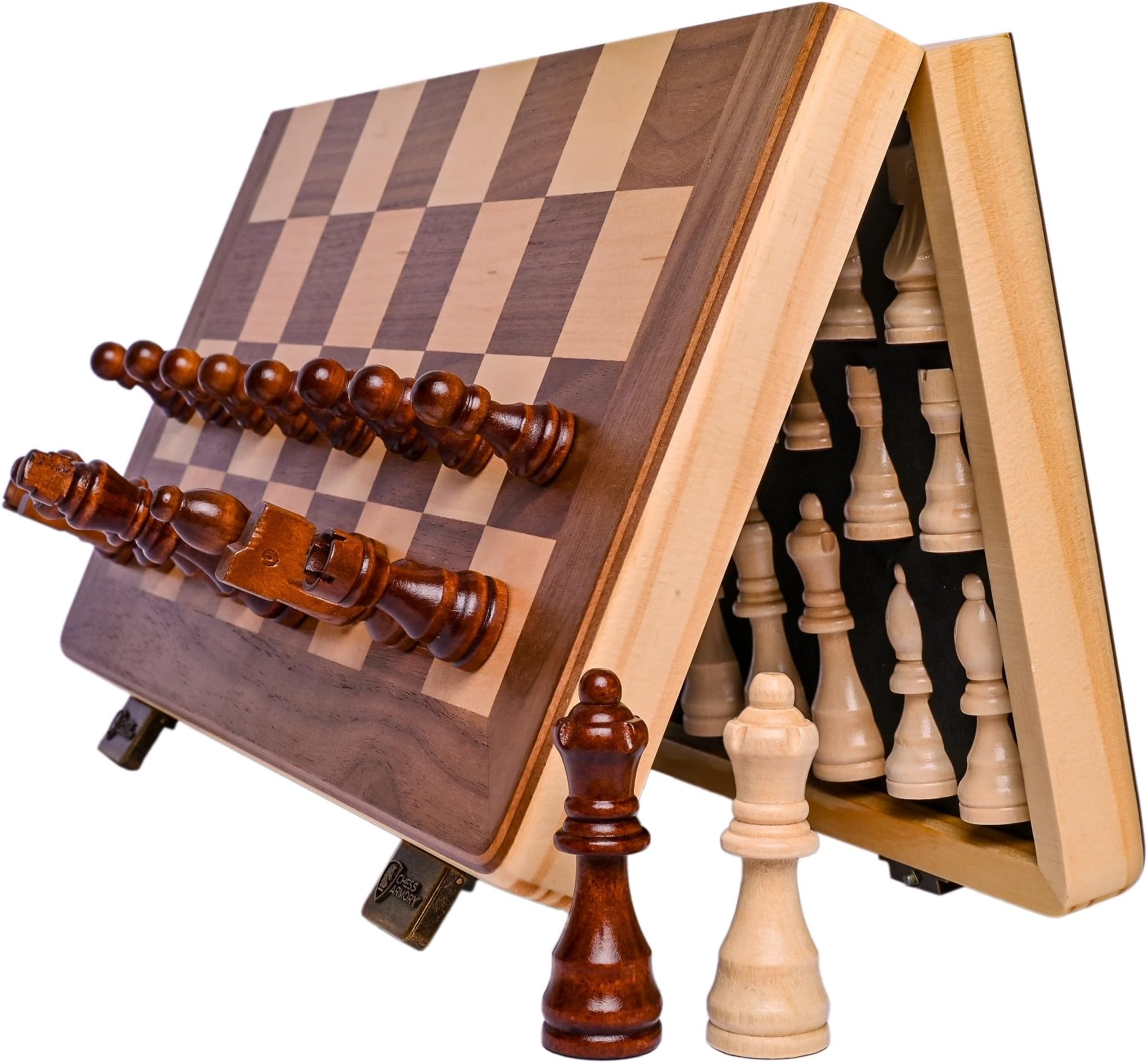 15 Inch Magnetic Wooden Chess Set for Adults & Kids - Folding Travel Chess Board with Handcrafted Staunton Pieces, Extra Queens, and Storage Slots