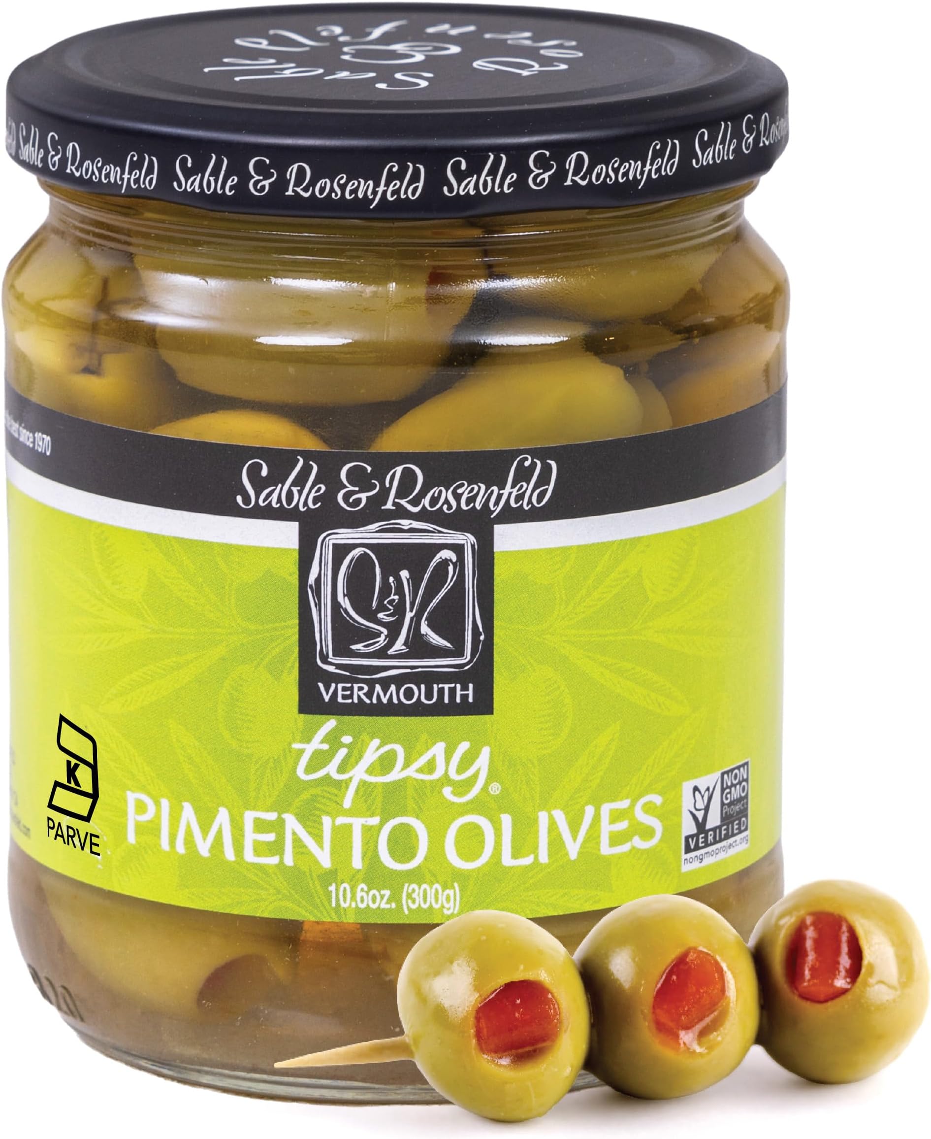 Sable & Rosenfeld Vermouth Tipsy Pimento Olives for Martinis 10.6 oz Jar (Pack of 1), Spanish Colossal Olives, Kosher, Non-GMO, Gluten-Free Cocktail Garnish