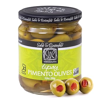 Sable & Rosenfeld Vermouth Tipsy Pimento Olives for Martinis 10.6 oz Jar Pack of 1, Spanish Colossal Olives, Kosher, Non-GMO, Gluten-Free Cocktail Garnish