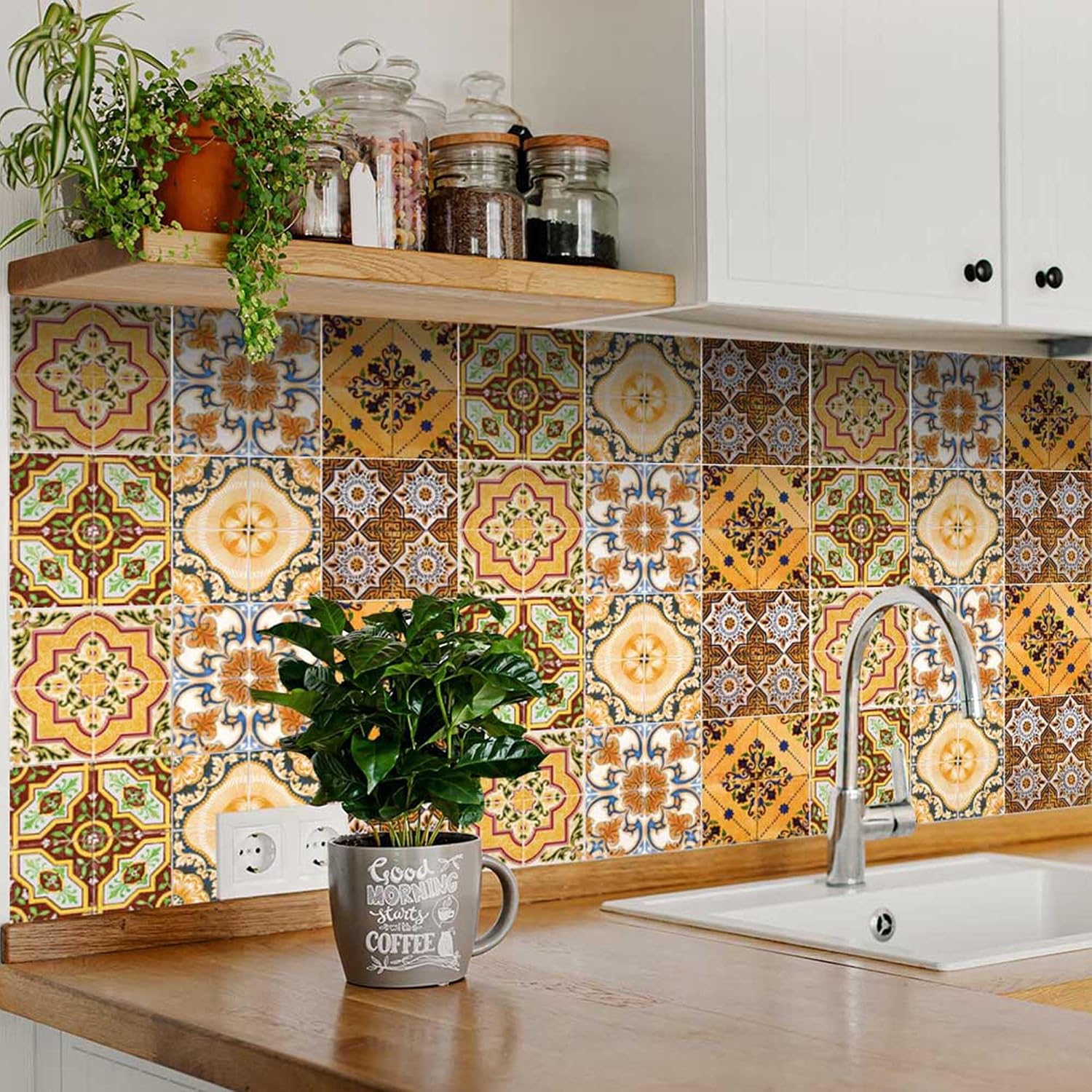 Backsplash Bathroom Décor Tiles by Mi Alma– 24-Piece Talavera Tile Stickers Peel and Stick Easy Application Ideal for Bathroom, Kitchen Wall Tile Decals – 4x4 (Cozy Room)