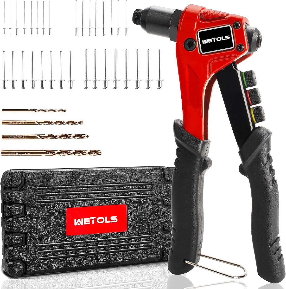 WETOLS Kit de pistola de remaches pop con 200 remaches ciegos, kit de herramientas de remaches pop mejorado | Remachadora manual de una sola mano con 4 cabezales de remache intercambiables sin herramientas, 4 brocas y estuche de transporte BMC resistente