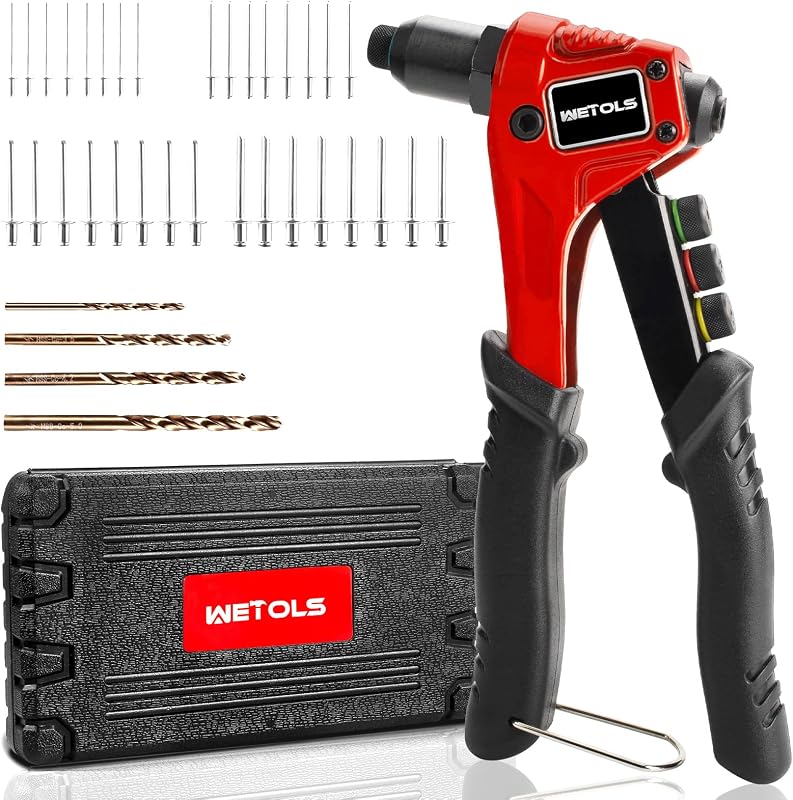 WETOLS Kit de pistola de remaches pop con 200 remaches ciegos, kit de herramientas de remaches pop mejorado | Remachadora manual de una sola mano con 4 cabezales de remache intercambiables sin herramientas, 4 brocas y estuche de transporte BMC resistente