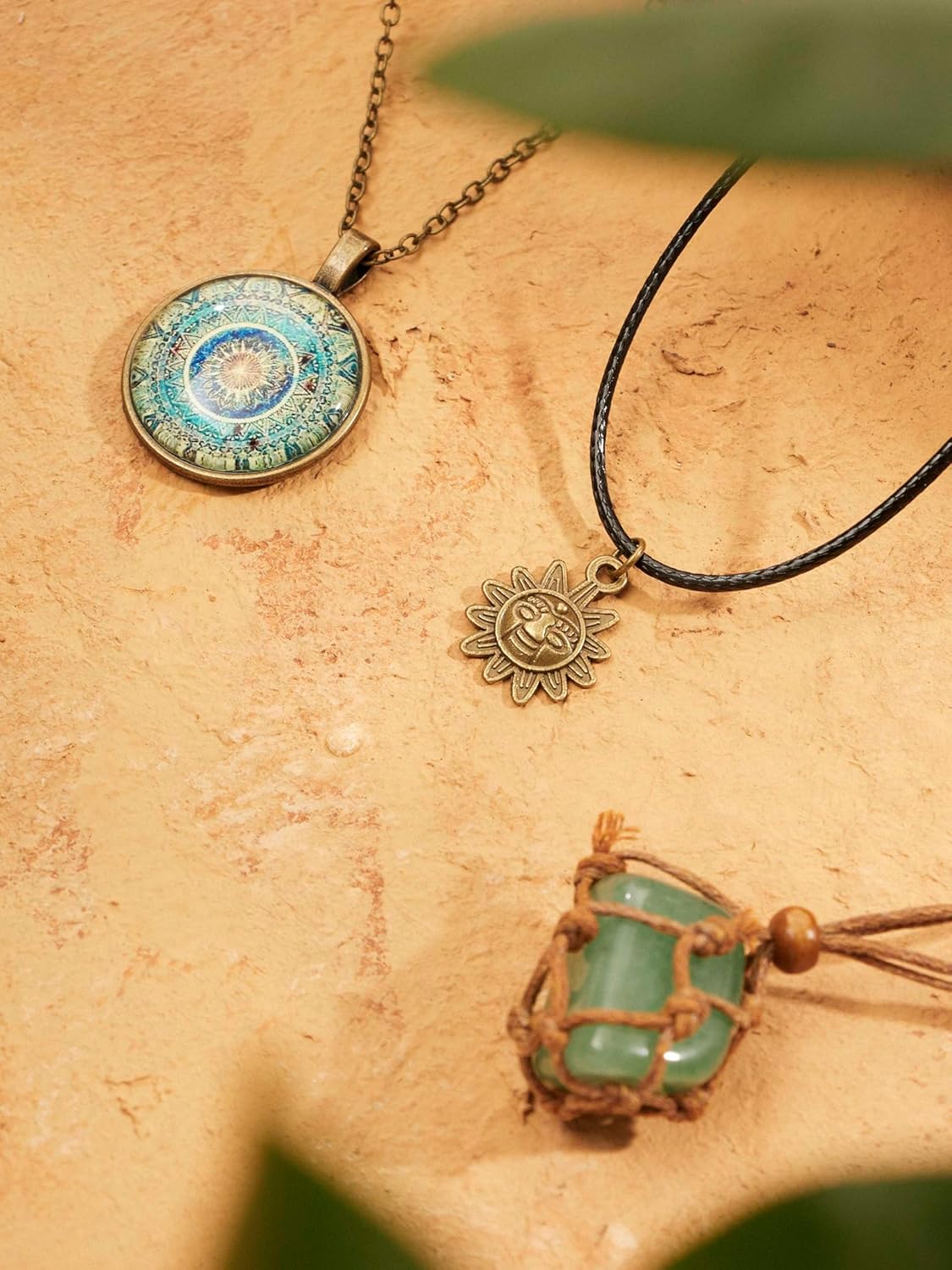 MINACHI Bohemian Retro Style Multi Layer Necklace, Green Crystal Sun and Floral Pendant, Ethnic Jewelry for Women Necklace R17-052 image 7 of 8 B0DD47W5QF