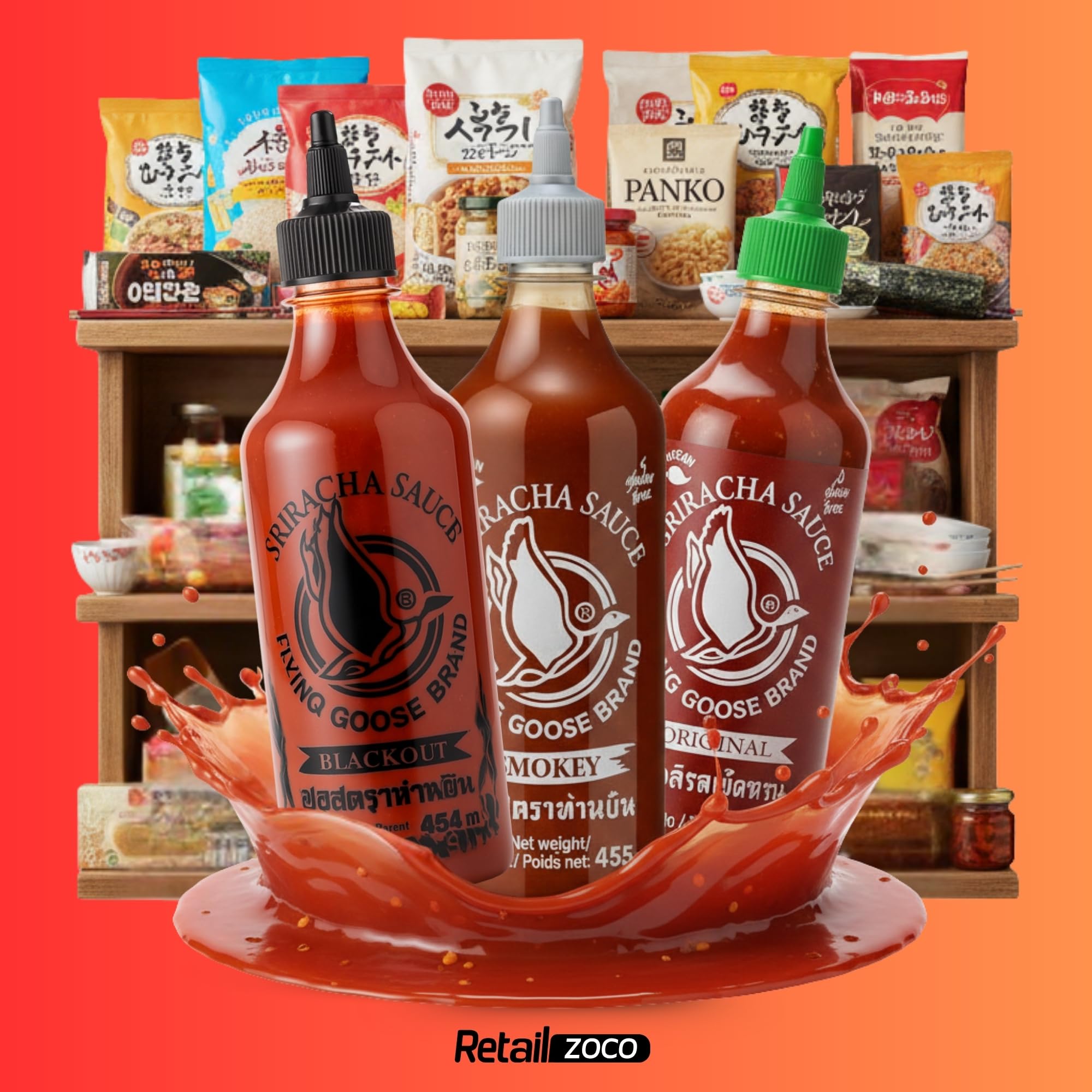 Pack degustación Flying Goose Salsas de chile Picante Sriracha Original 455 ml + Sriracha Black Out 455 ml + Siracha Smokey Ahumada 455 ml, Ideal para dipear, hamburguesas y otros, 3 botes de 455 ml