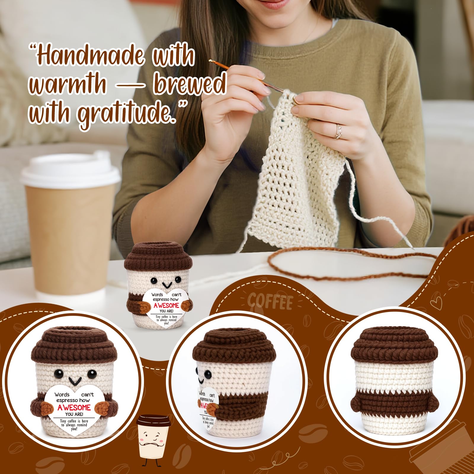 OCCdesign Mini Birthday Inspirational Gifts for Women Men Cheer Up Support Handmade Crochet Coffee Gift for Coworkers Friend Teachers Nurses Stress Relief Mental Health Self Care Office Gift