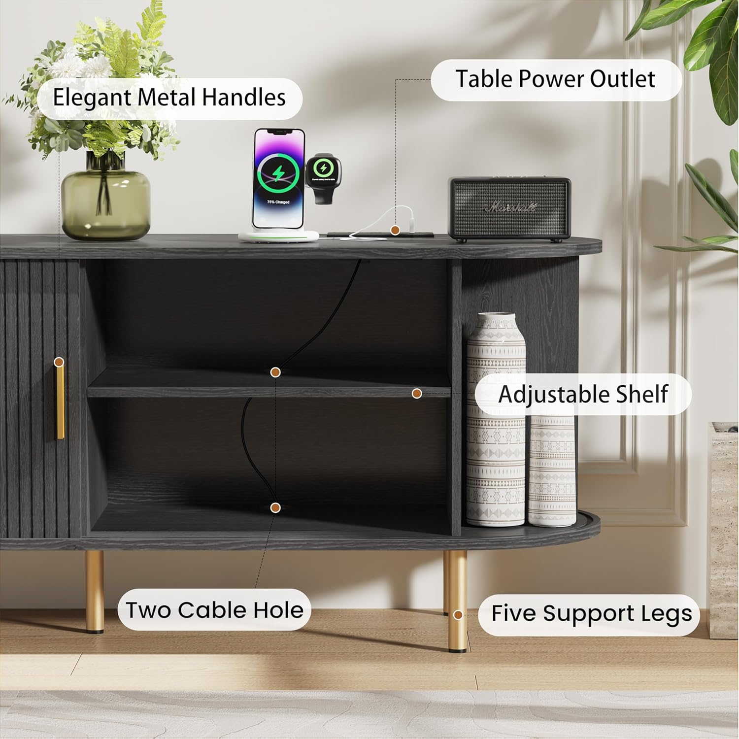 DHH 55 Inch Mid Century Modern TV Stand with Power Outlet for TVs up to 60 Inch, Entertainment Center with Storage and Adjustable Shelves, Media Console with Sliding Doors for Living Room(Black) - Image 4