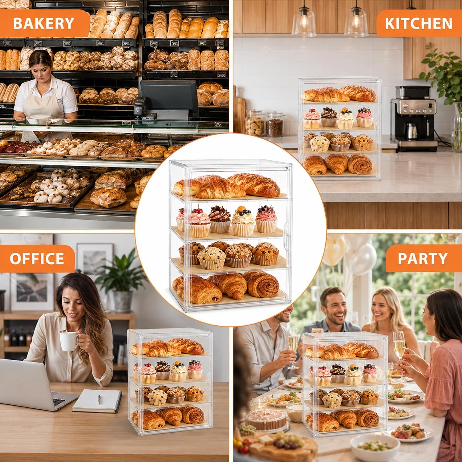 4 Tier Pastry Display Case, Large Bread Box with 50 Sheets Baking Paper | Clear Bread Storage Container for Cookie Cupcake, Bread Box for Kitchen Countertop Airtight