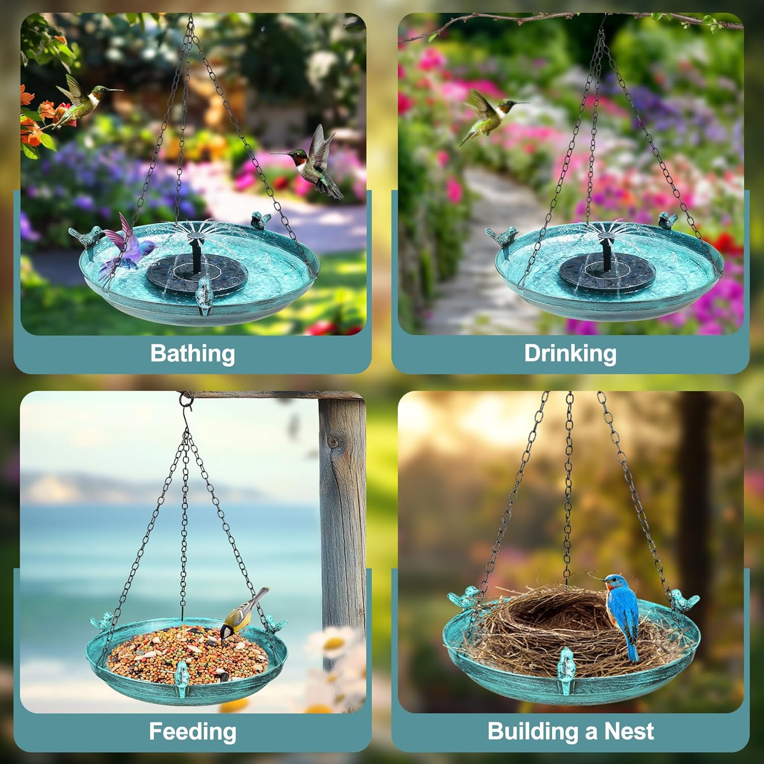 Hanging Bird Bath with Solar Fountain, 14.9" Metal Bird Bath for Outdoors, Fixed Solar Panel with 4 Nozzles, 3 Removable Decorative Birds, Hanging Birdbath for Garden Patio Porch Yard Gift