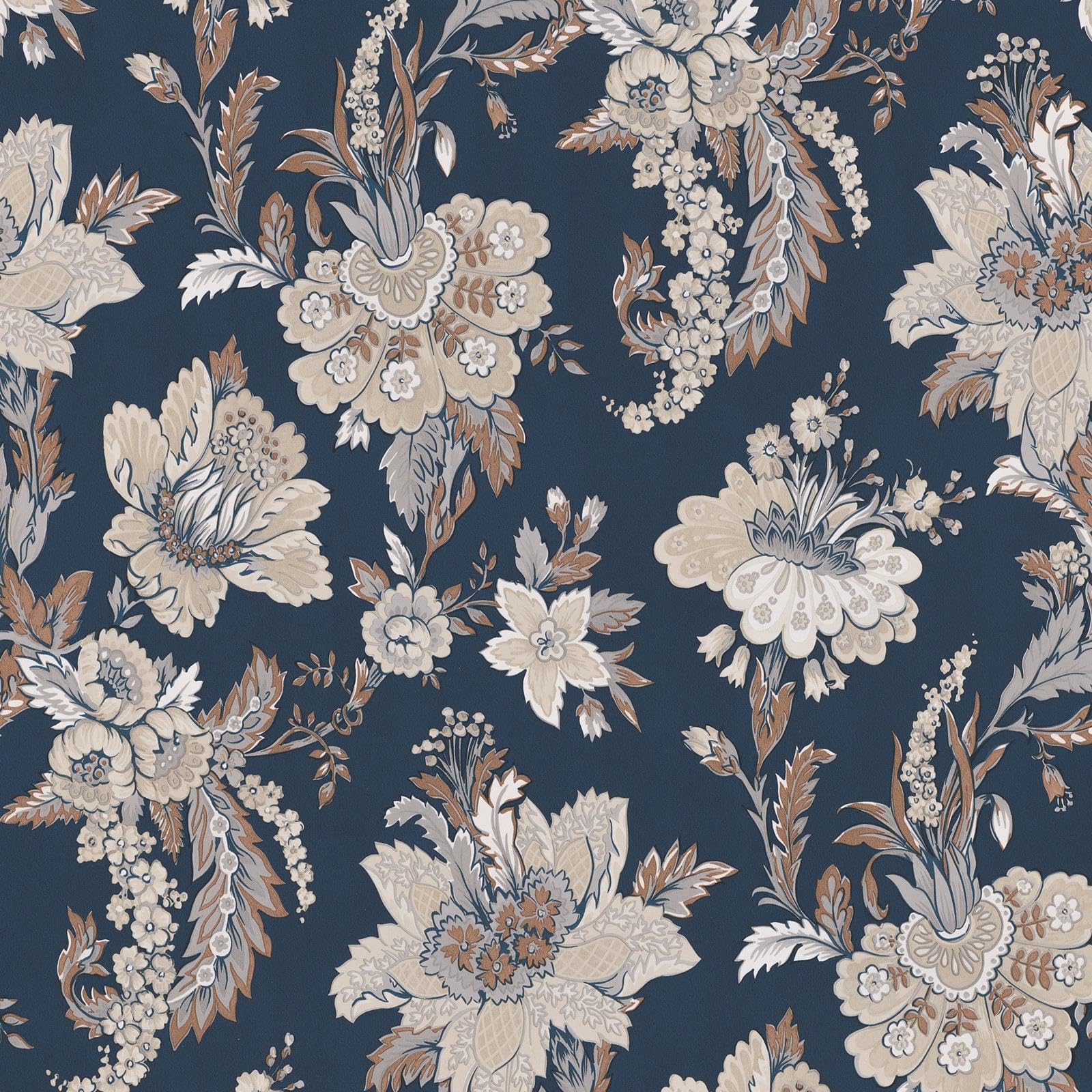 Sophie Laurence Navy Blue Grey Brown Navy Floral Wallpaper Grey Brown Damask Pattern Smooth Finish Feature Bedroom
