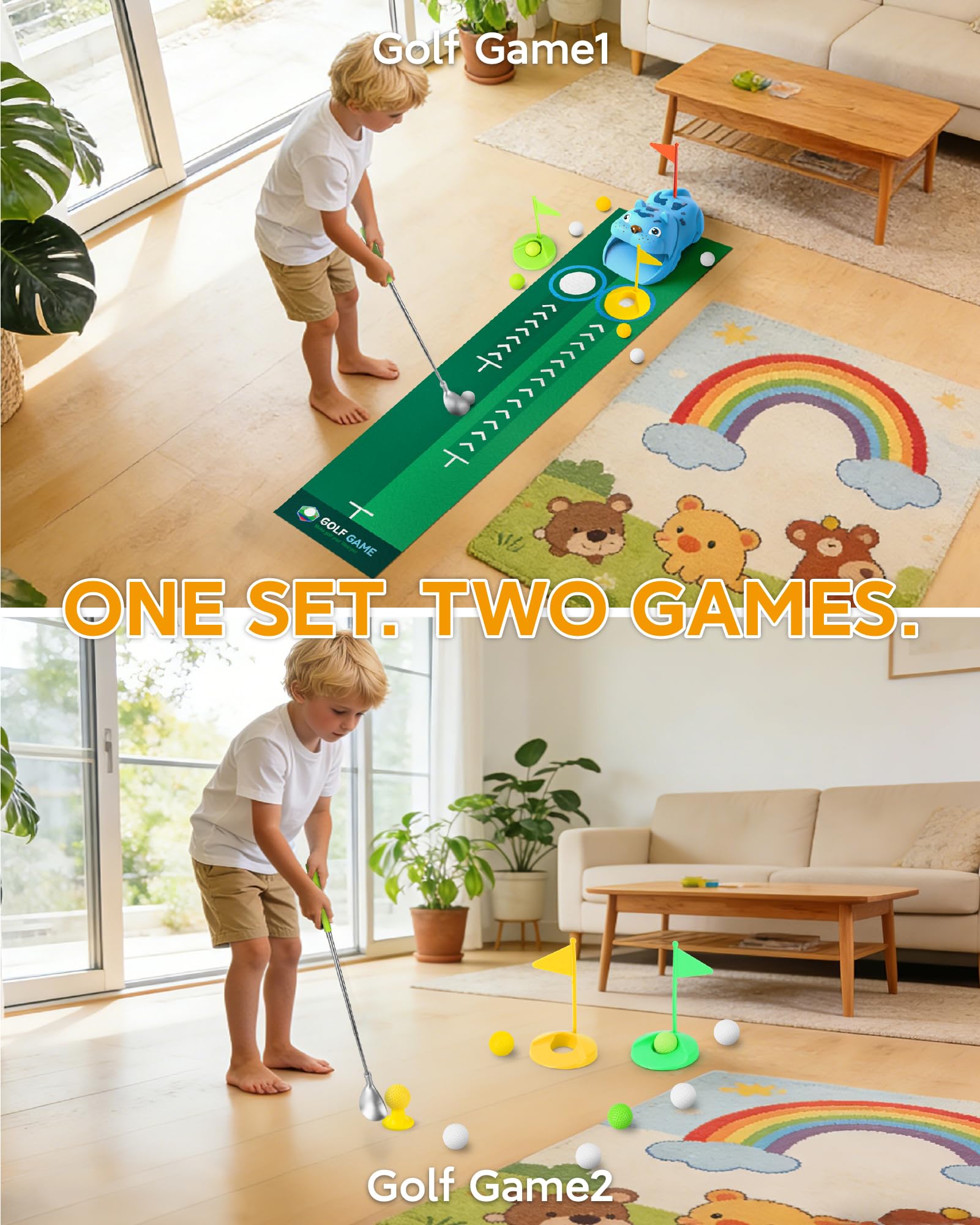 Set de Mini Golf para Niños con Devolvedor Automático de Bolas, Juegos de Golf Interior y Exterior con Pelotas Noctilucent Luminosa LED, 3 Palos Telescópicos, Regalo para Niños y Niñas desde 3 Años