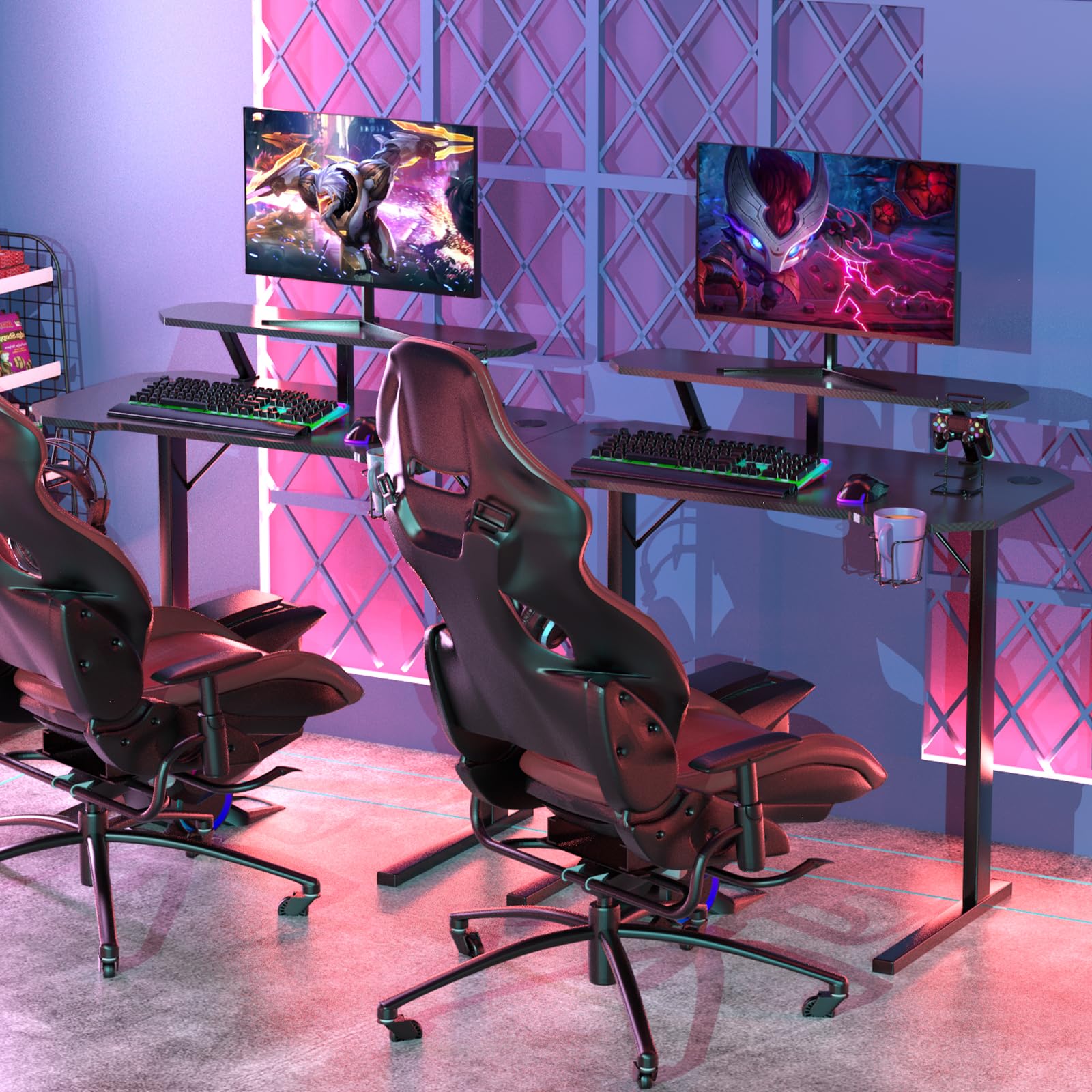 Mesa de Juegos con Soporte para Monitor, Escritorio en Forma de T, Negro, ergonómico, Revestimiento de Fibra de Carbono, Mesa para Gamepad con Soporte para Bebidas, Soporte para Auriculares