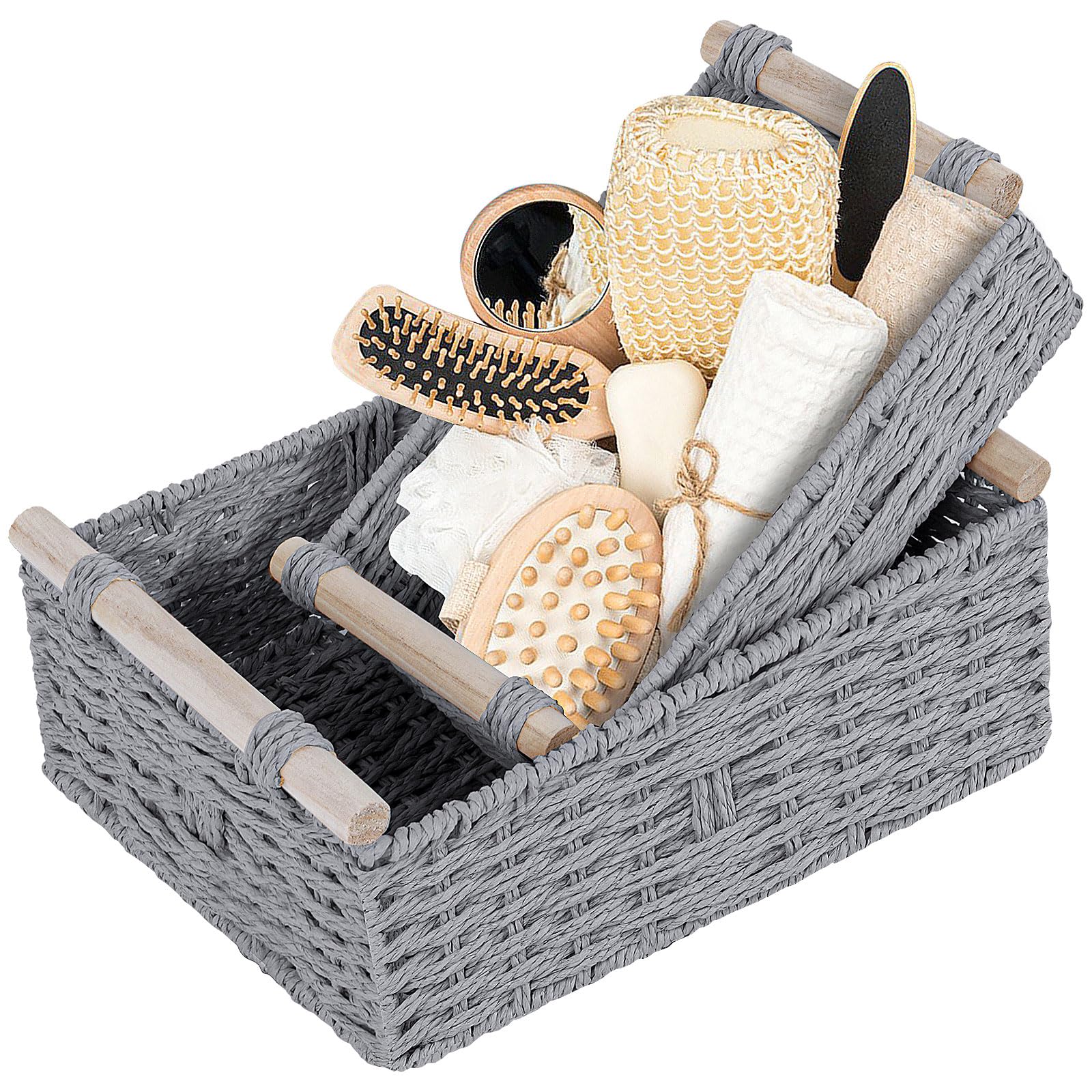 Set 2 Cestini Intrecciati Naturali - 30x20x12cm E 25x15x10cm, Perfetti Per Organizzare Casa In Stile Bohémien - Foto 11