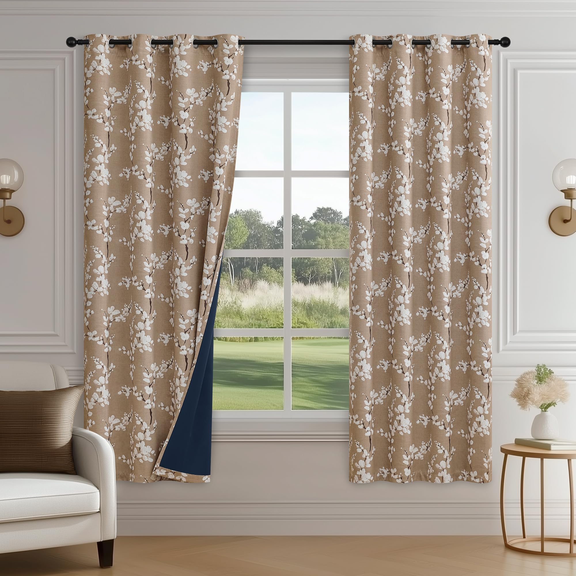 FMFUNCTEX 100% Blackout Floral Curtains for Bedroom, Taupe Curtains 63 inch Length Blossom Flower Patterned for Living Room, Thermal Insulated