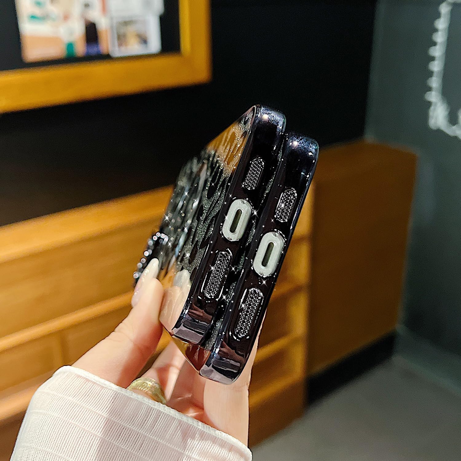 for iPhone 14 Plus Case Magnetic,Soft Cute Luxury Leopard Cheetah Pattern Plating Glitter Bling Phone Case Compatible with MagSafe Clear Shockproof Back Cover for Women Girl 6.7"-Black - Image 6