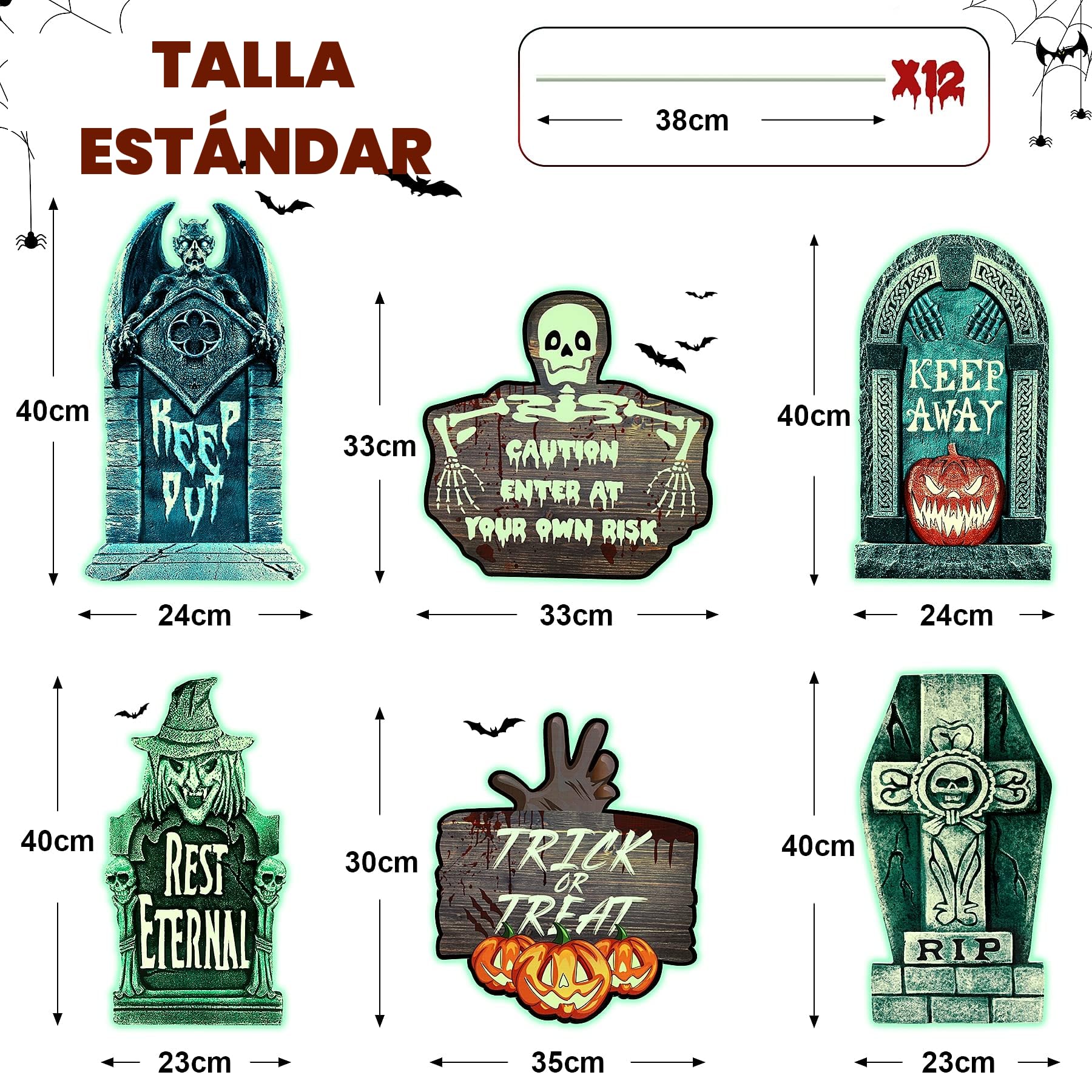 Juego de 6 Lápidas de Halloween Efecto Fluorescente -Decoración Horrorosa Interiores|Exteriores Lápidas de Cementerio Falsas de Halloween - Patio Trasero| Césped| Jardín| Casa Embrujada