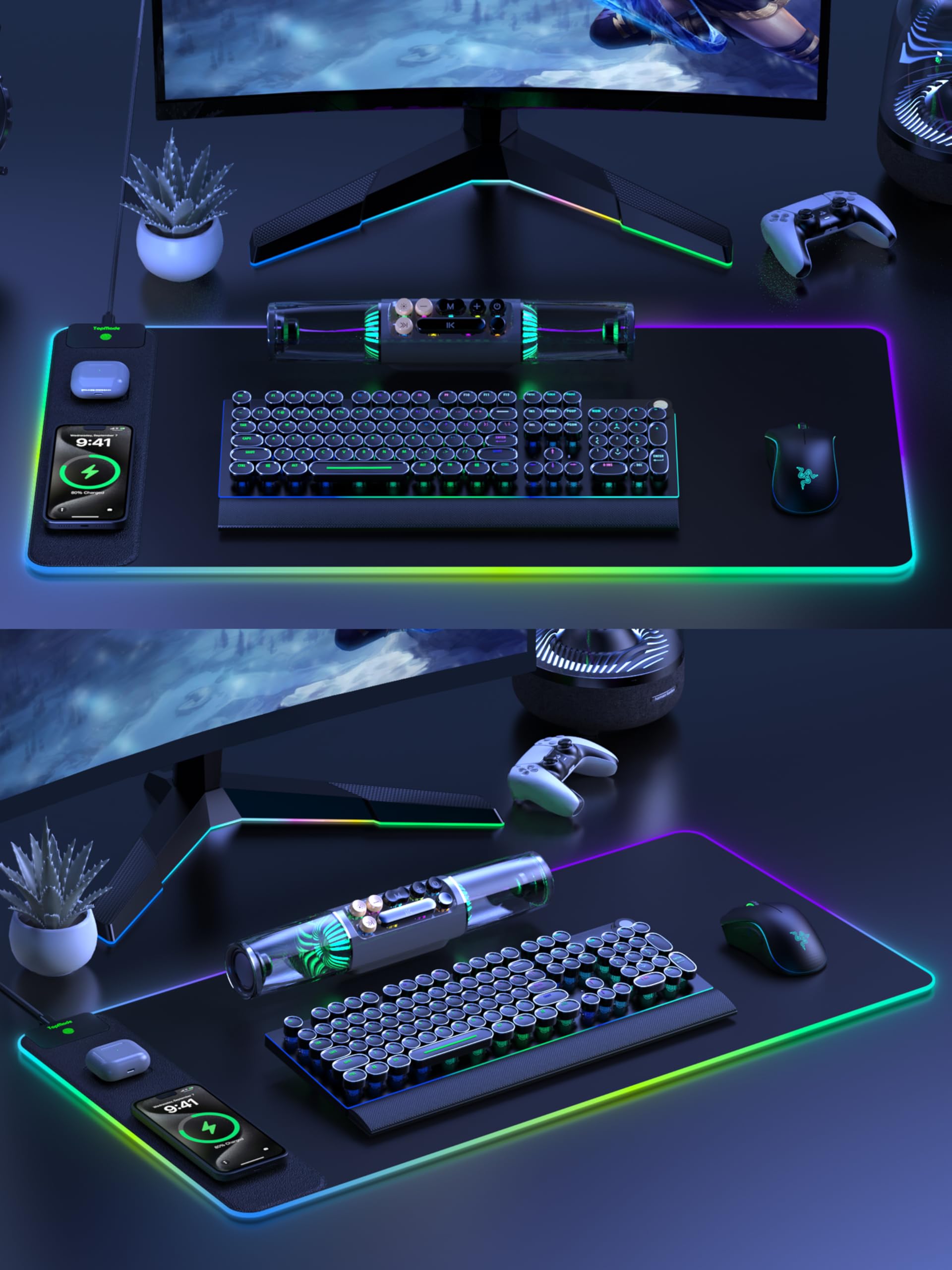 TopMade Alfombrilla de mouse de carga inalámbrica, alfombrilla de mouse RGB para juegos en casa, oficina, 31.5 x 15.8 pulgadas, XXL, alfombrilla de escritorio grande, almohadilla de teclado