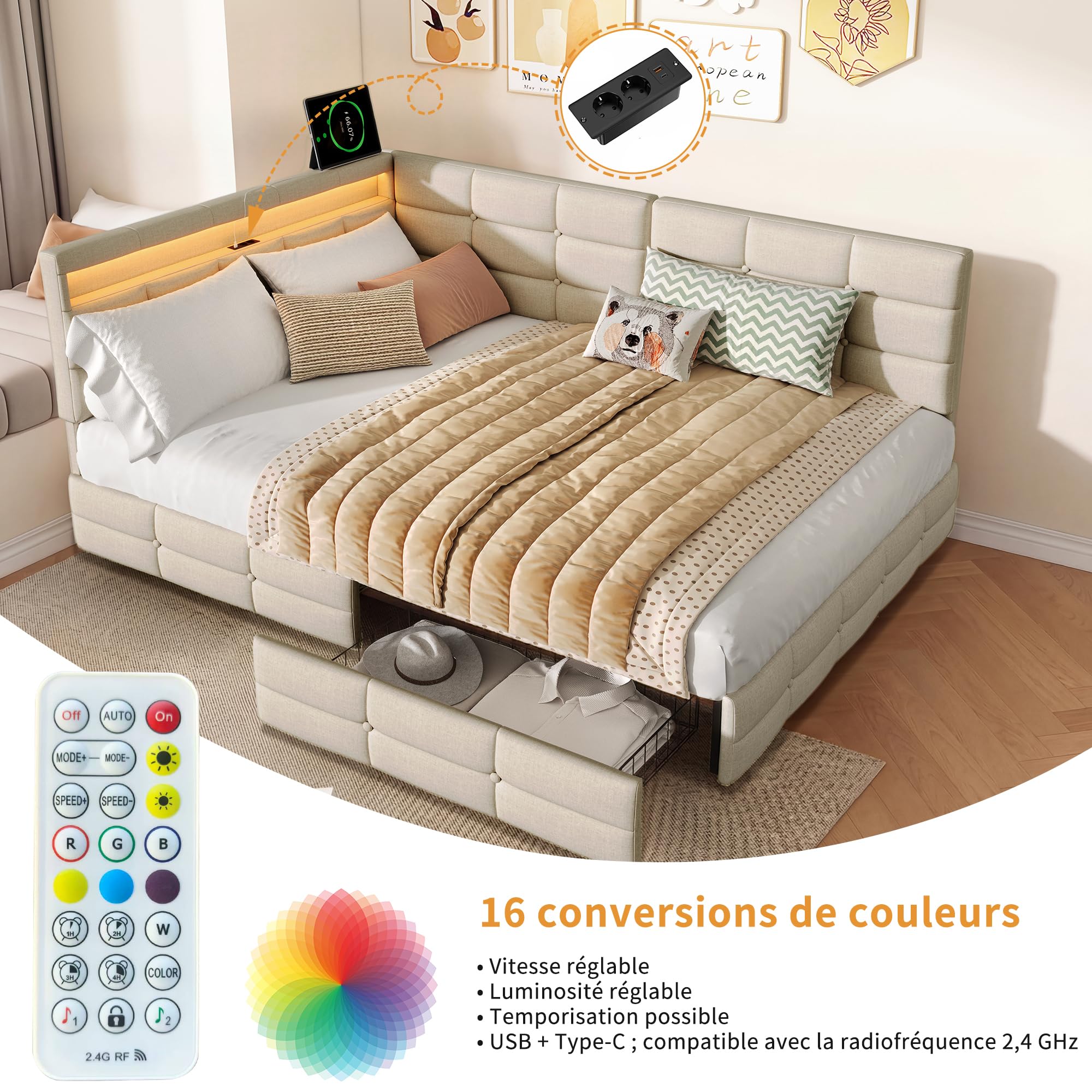 Letto Contenitore 140x190 con 2 Cassetti, Letto Imbottito Matrimoniale con Illuminazione a LED e USB, Divano Letto con Rete a Doghe per Soggiorno, Camera da Letto
