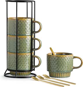 SPIPER Stackable Coffee Mug Set Of 4 With Stand & Spoons – 10oz Ribbed Ceramic, Dishwasher Safe