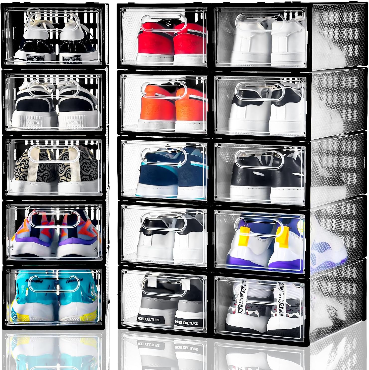 Clemate 15 Pack Shoe Storage Boxes, Clear Plastic Stackable Shoe Organizer for Closet, Shoe Box with Magnetic Door, Foldable Shoe Storage Bin, Sneaker Storage Box Shoe Rack Container Holder, Size 9 Count 15 Size 9 Clear-15Pack