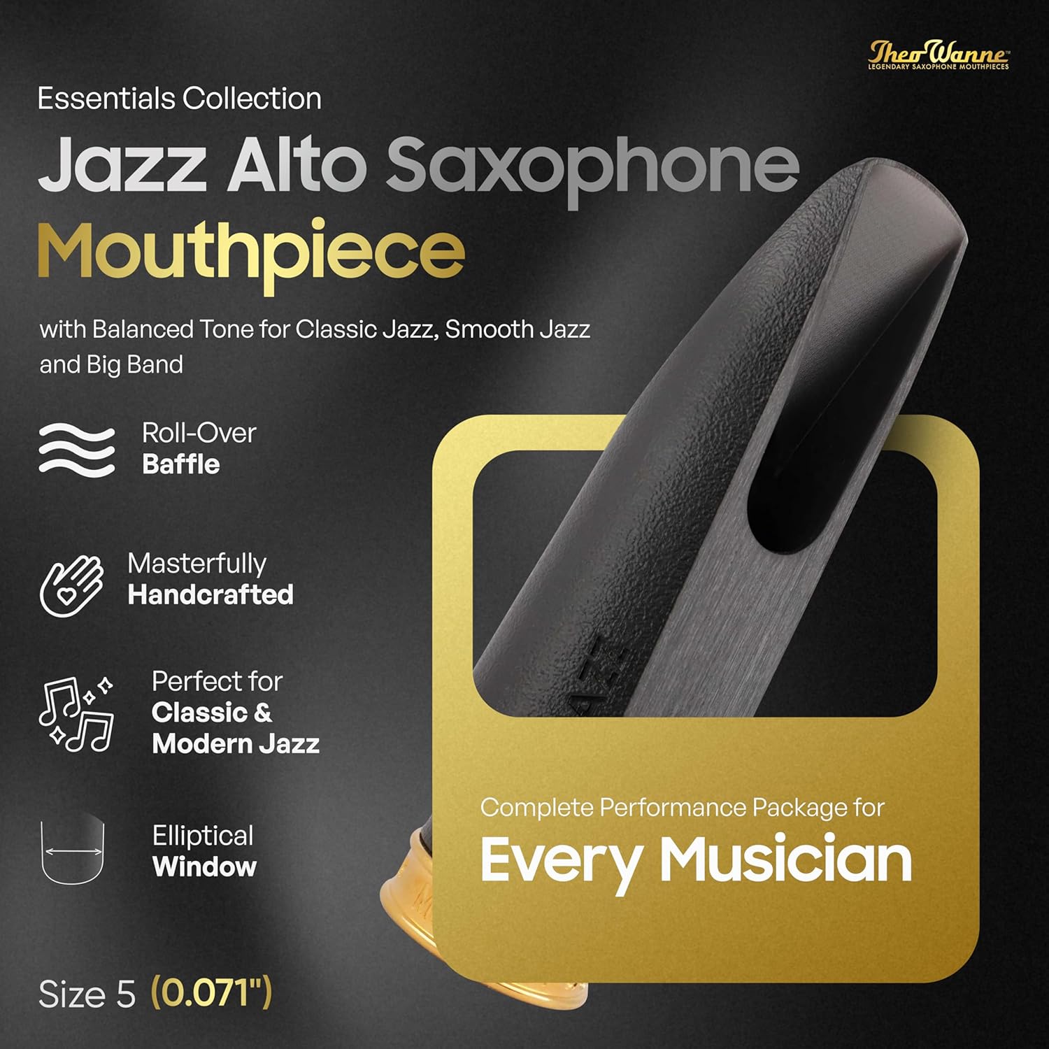 Theo Wanne ESSENTIALS Jazz Alto Saxophone Mouthpiece with Medium Chamber, Roll-Over Baffle & Balanced Tone for Smooth Jazz, Classic & Big Band - Exceptional Clarity Sax Mouthpiece - Size 5 (0.071")